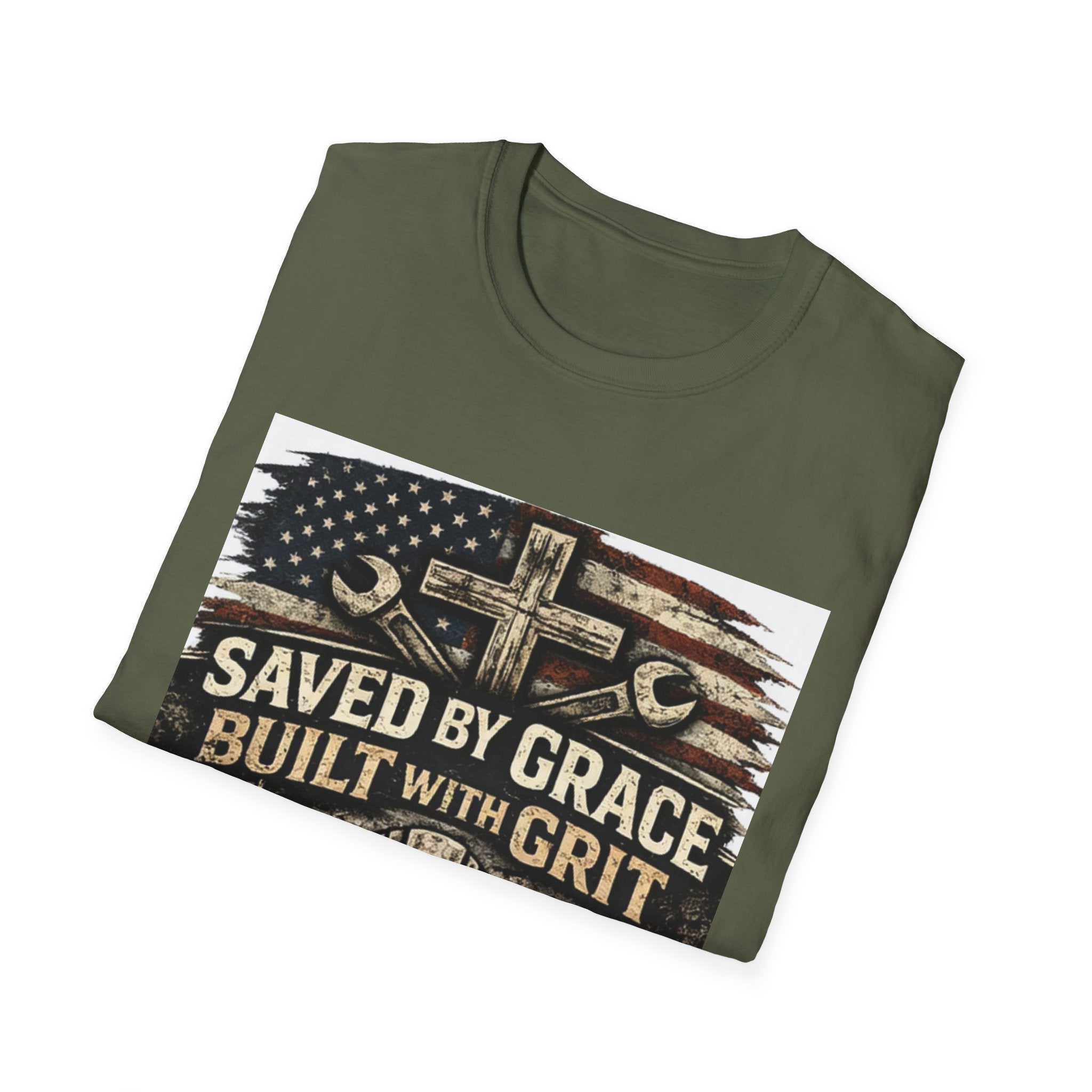 Saved by Grace Built with Grit T-Shirt — Christian Construction Worker Tee