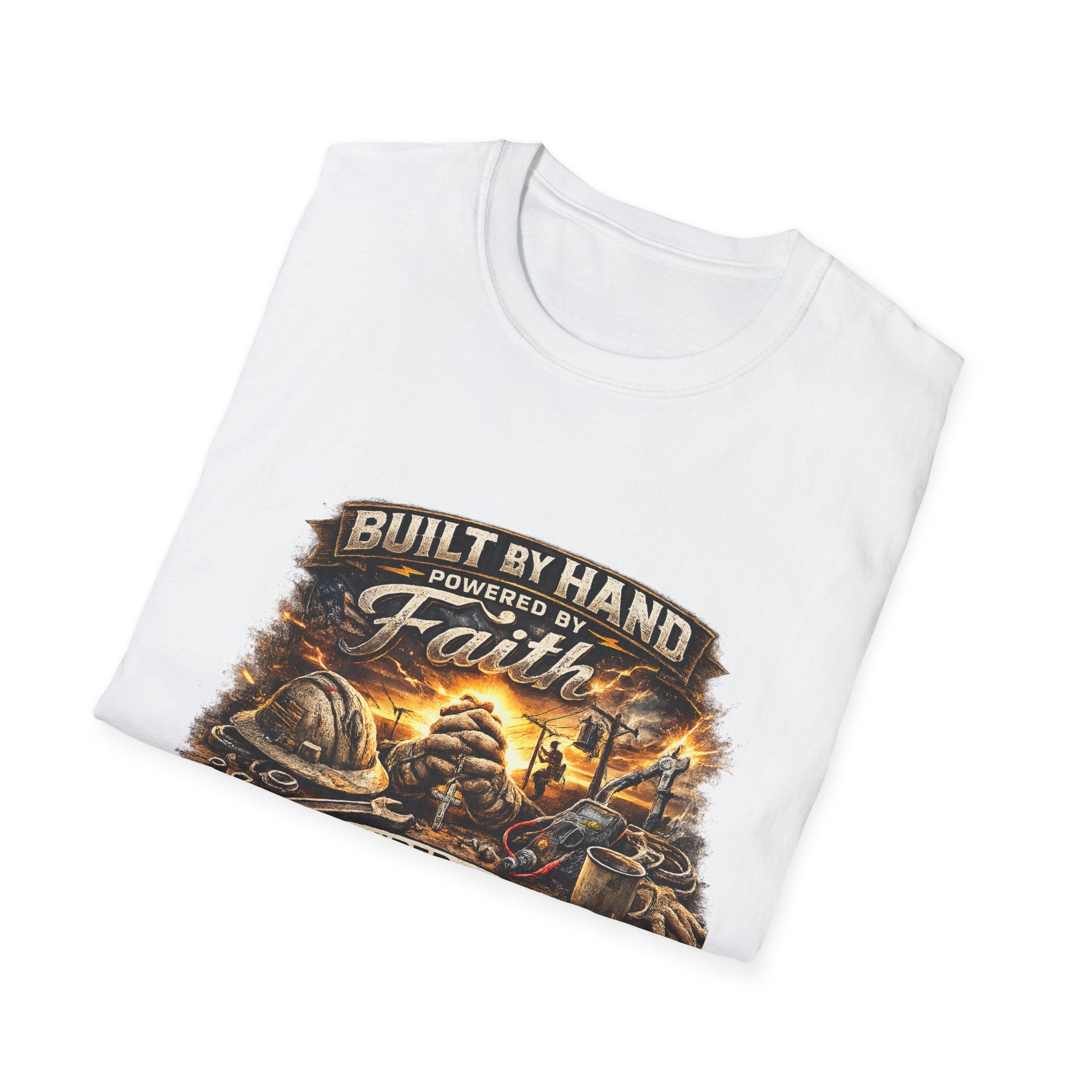 Built by Hand Mechanic T-Shirt – "Built by Hand, Powered by Faith, Home by Courage" Vintage Workshirt