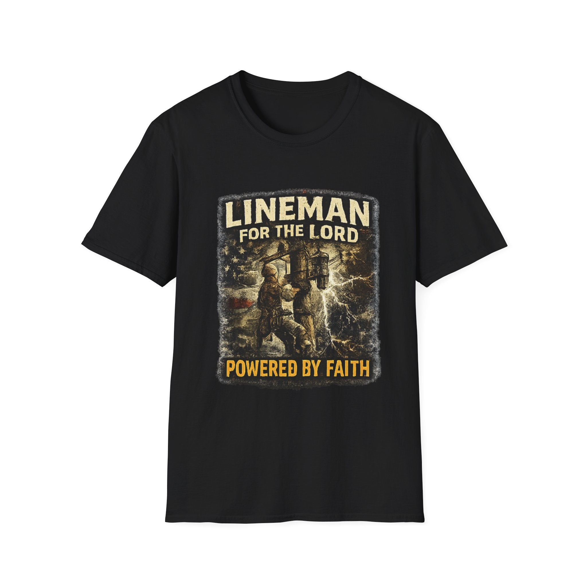 Lineman For The Lord T-Shirt – “Powered By Faith” Christian Lineman Tee