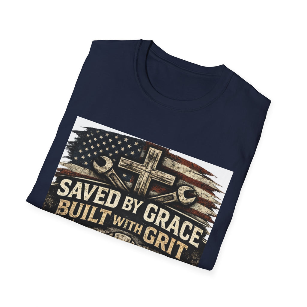 Saved by Grace Built with Grit T-Shirt — Christian Construction Worker Tee