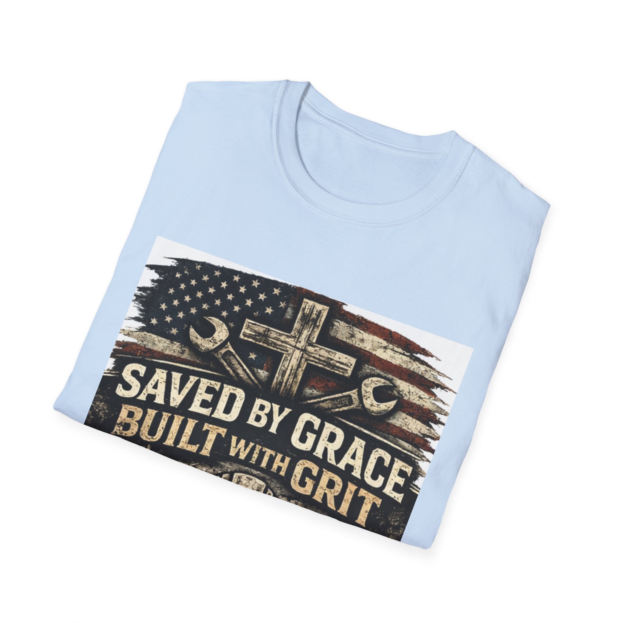 Saved by Grace Built with Grit T-Shirt — Christian Construction Worker Tee