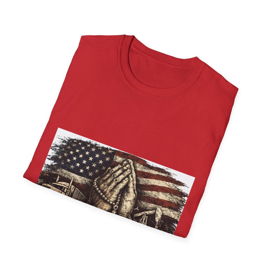 Patriotic Praying Hands T-Shirt — American Flag Faith Tee for Veterans & Church