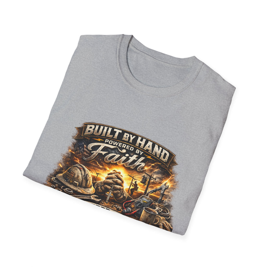 Built by Hand Mechanic T-Shirt – "Built by Hand, Powered by Faith, Home by Courage" Vintage Workshirt