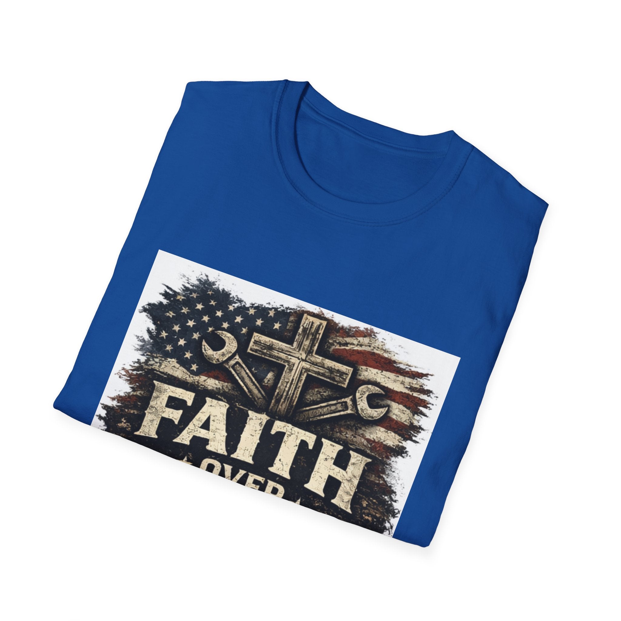 Faith Over Fear T-Shirt — Christian Cross & American Flag Graphic