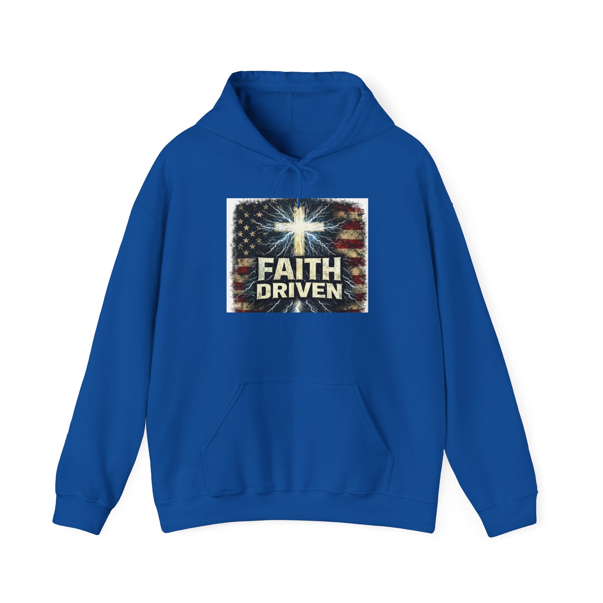 Faith Driven Hoodie — Christian Cross & American Flag Pullover