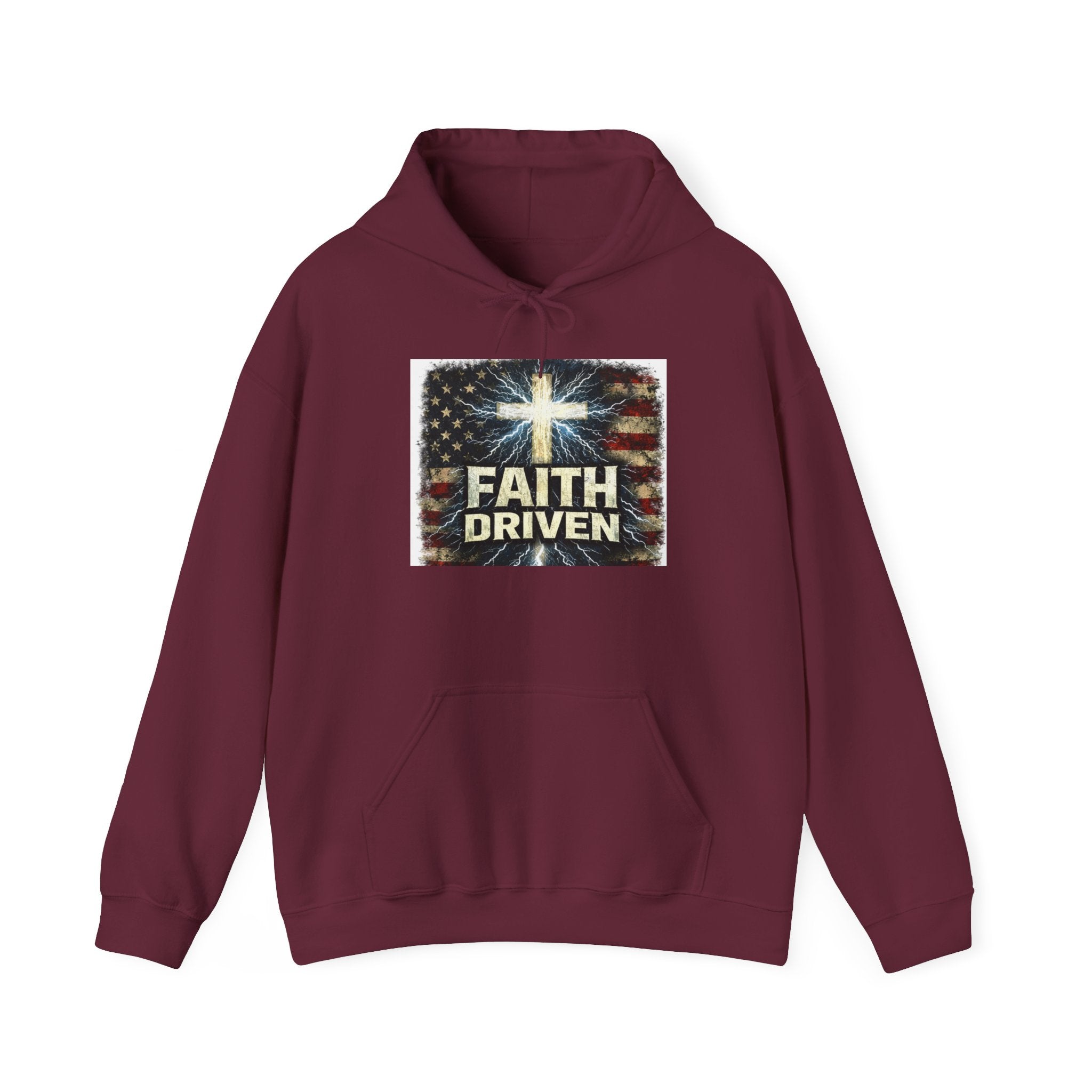 Faith Driven Hoodie — Christian Cross & American Flag Pullover