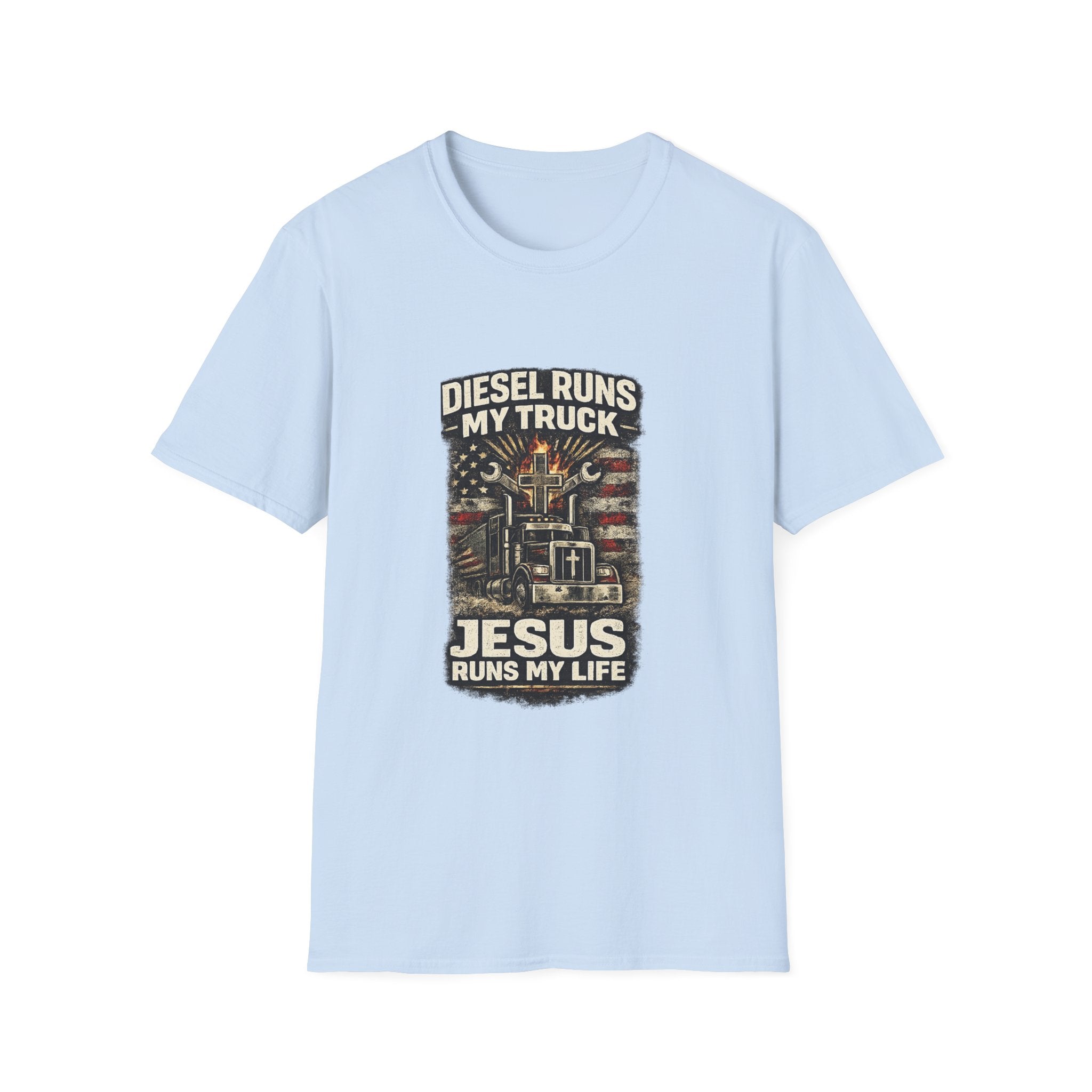 Christian Trucker T-Shirt — "Diesel Runs My Truck, Jesus Runs My Life" Vintage Design