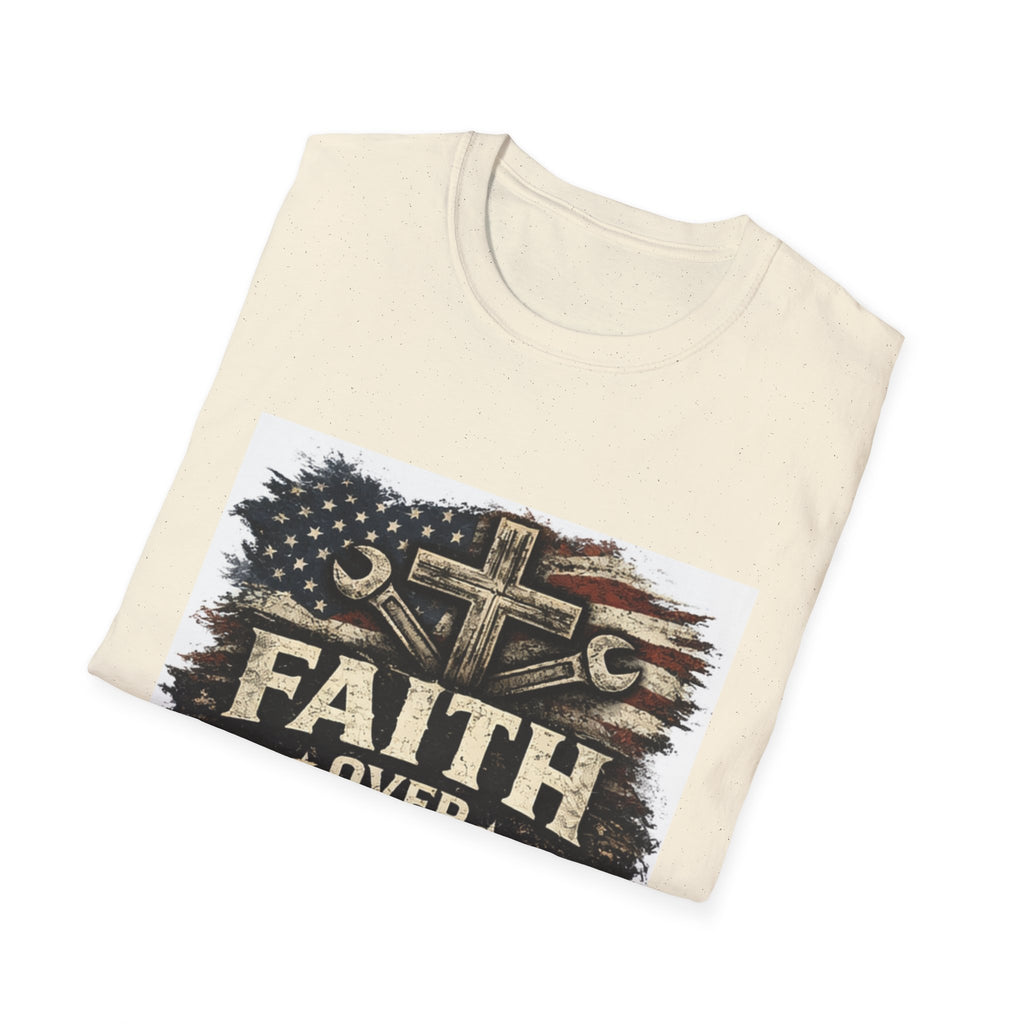 Faith Over Fear T-Shirt — Christian Cross & American Flag Graphic