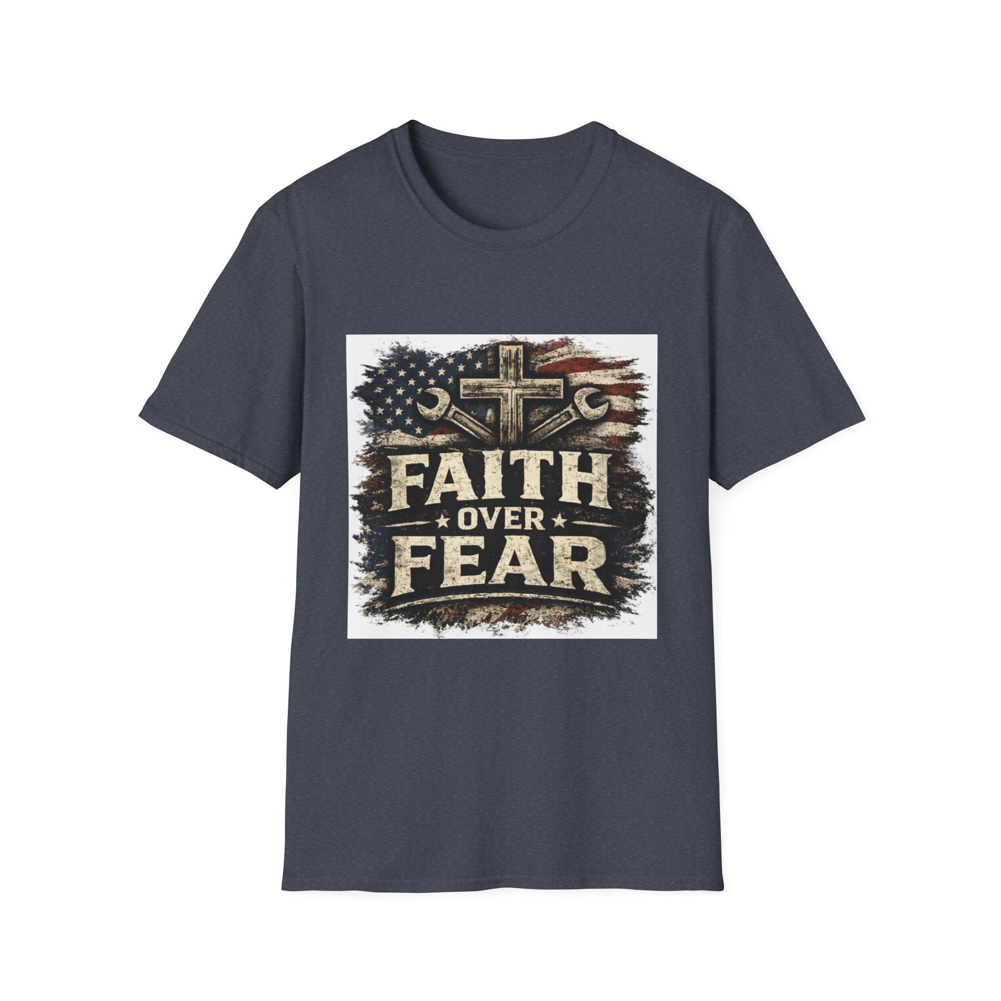 Faith Over Fear T-Shirt — Christian Cross & American Flag Graphic