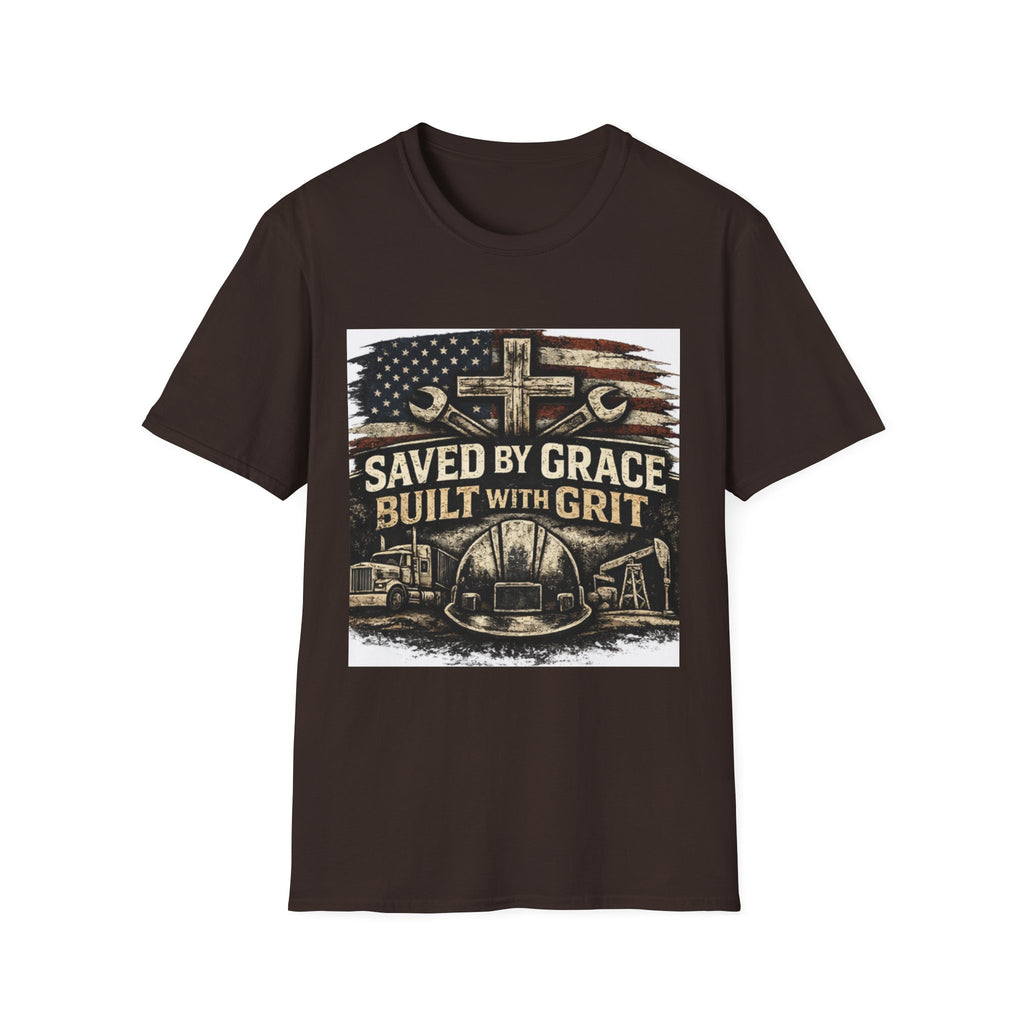 Saved by Grace Built with Grit T-Shirt — Christian Construction Worker Tee