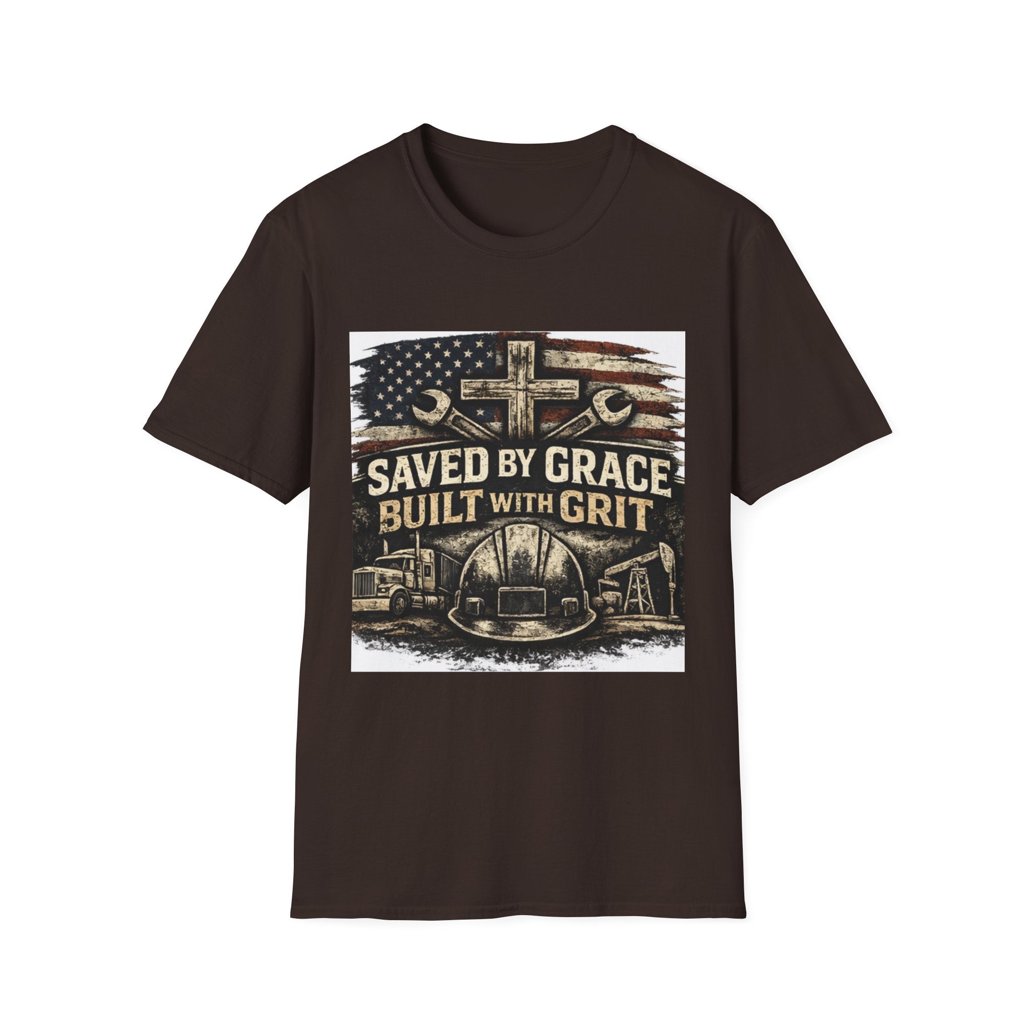 Saved by Grace Built with Grit T-Shirt — Christian Construction Worker Tee