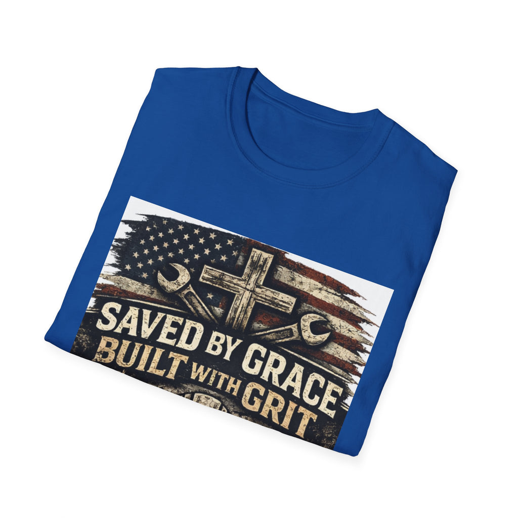 Saved by Grace Built with Grit T-Shirt — Christian Construction Worker Tee