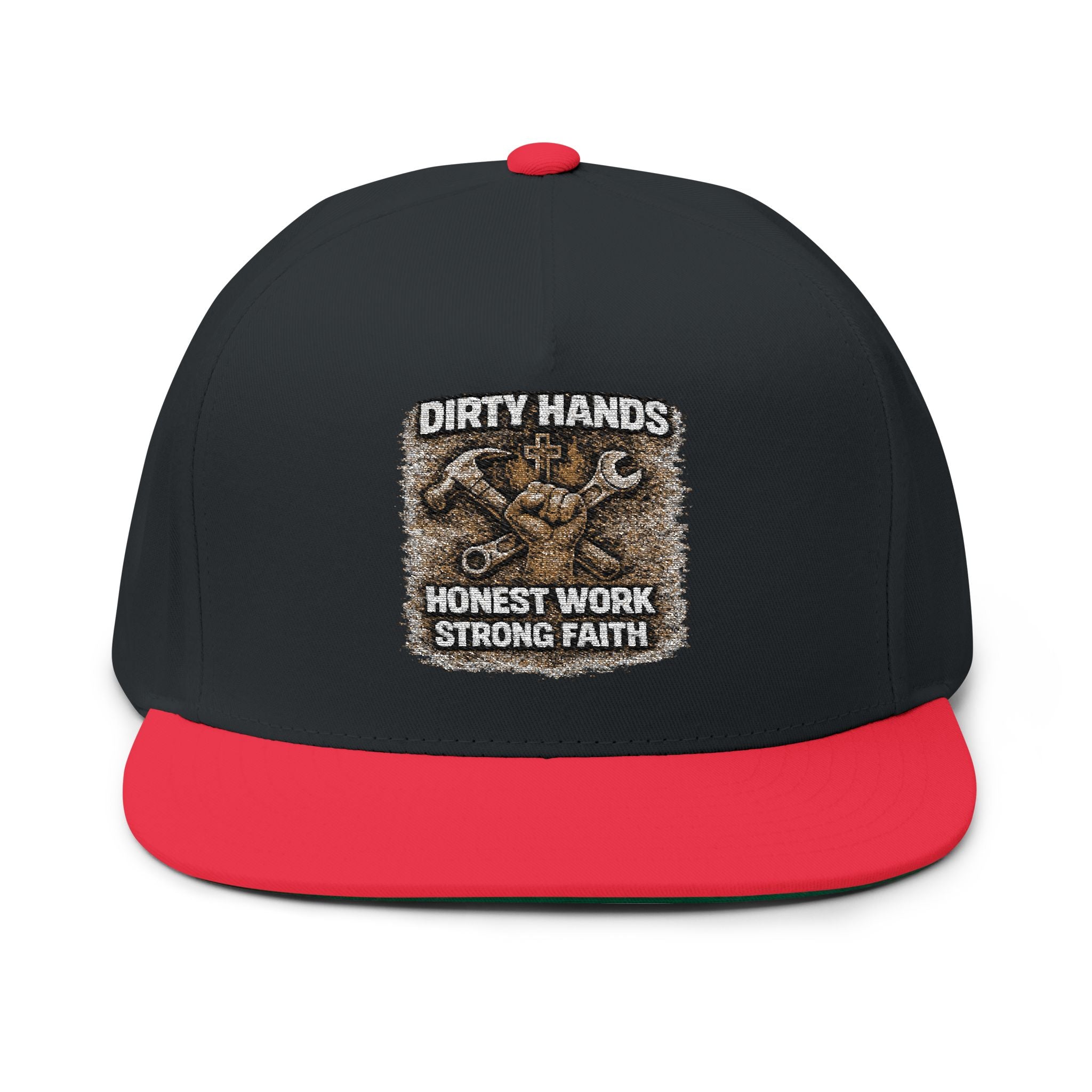 Embroidered Flat Bill Cap – "Dirty Hands, Honest Work, Strong Faith" (Mechanic/Trades Snapback)