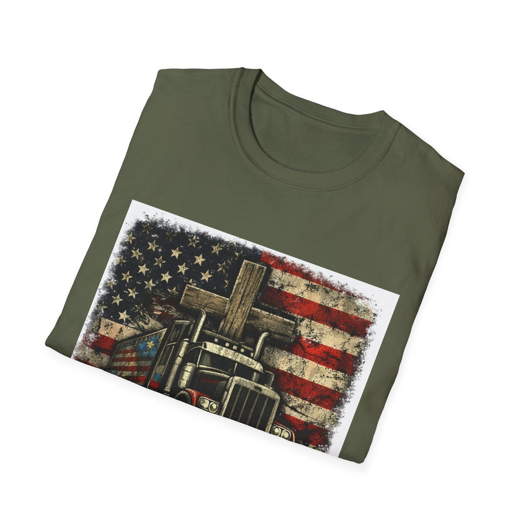 Faith Driven Trucker T-Shirt — "Powered by God" American Flag Design