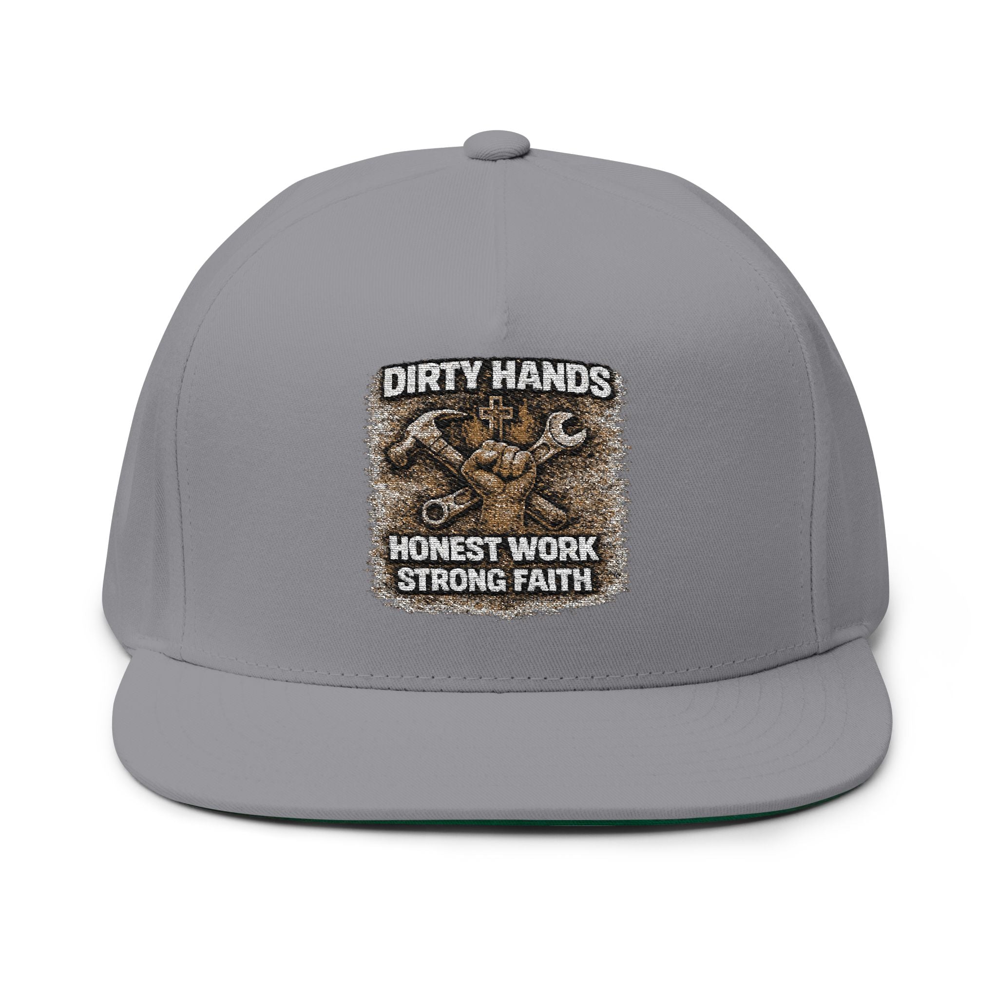 Embroidered Flat Bill Cap – "Dirty Hands, Honest Work, Strong Faith" (Mechanic/Trades Snapback)