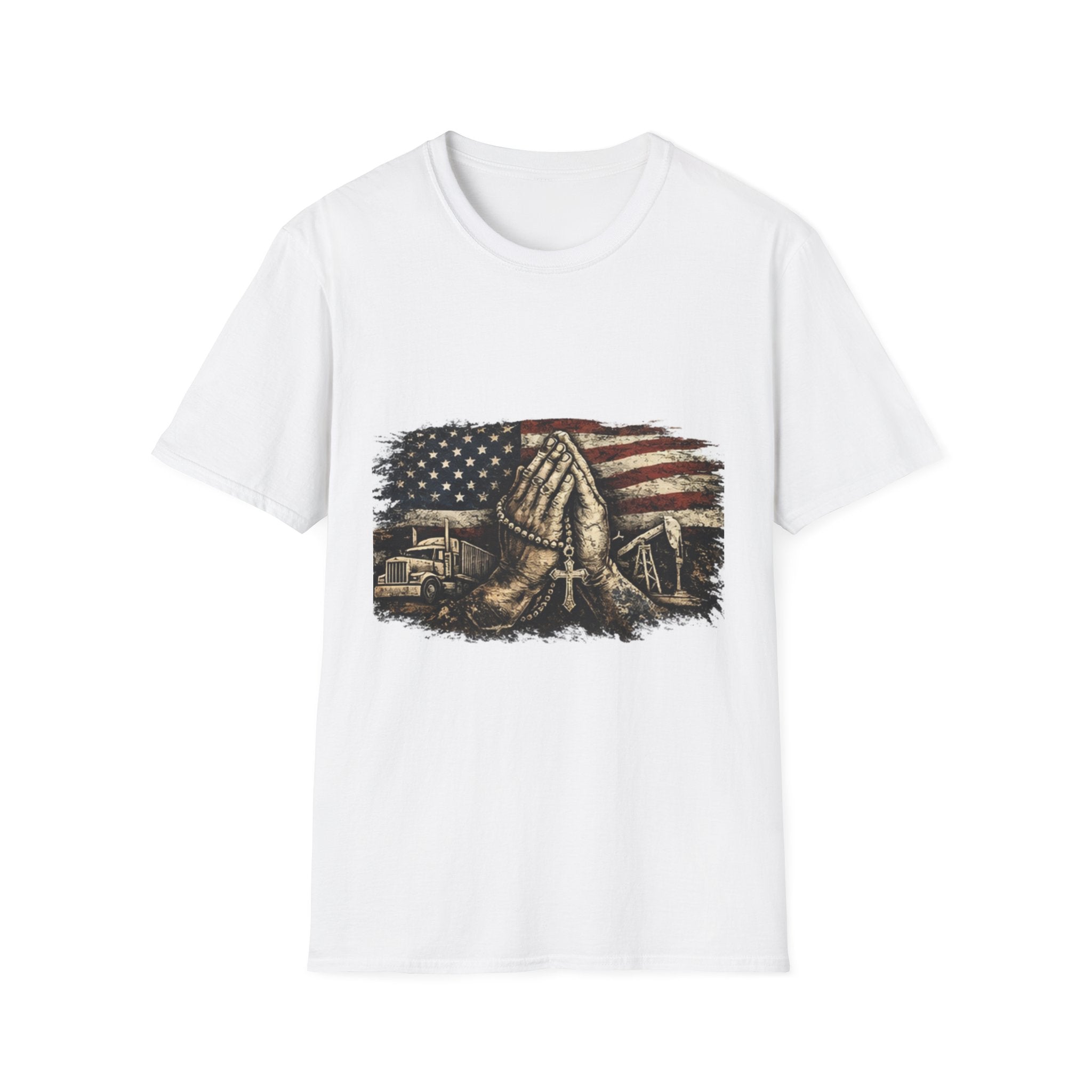 Patriotic Praying Hands T-Shirt — American Flag Faith Tee for Veterans & Church