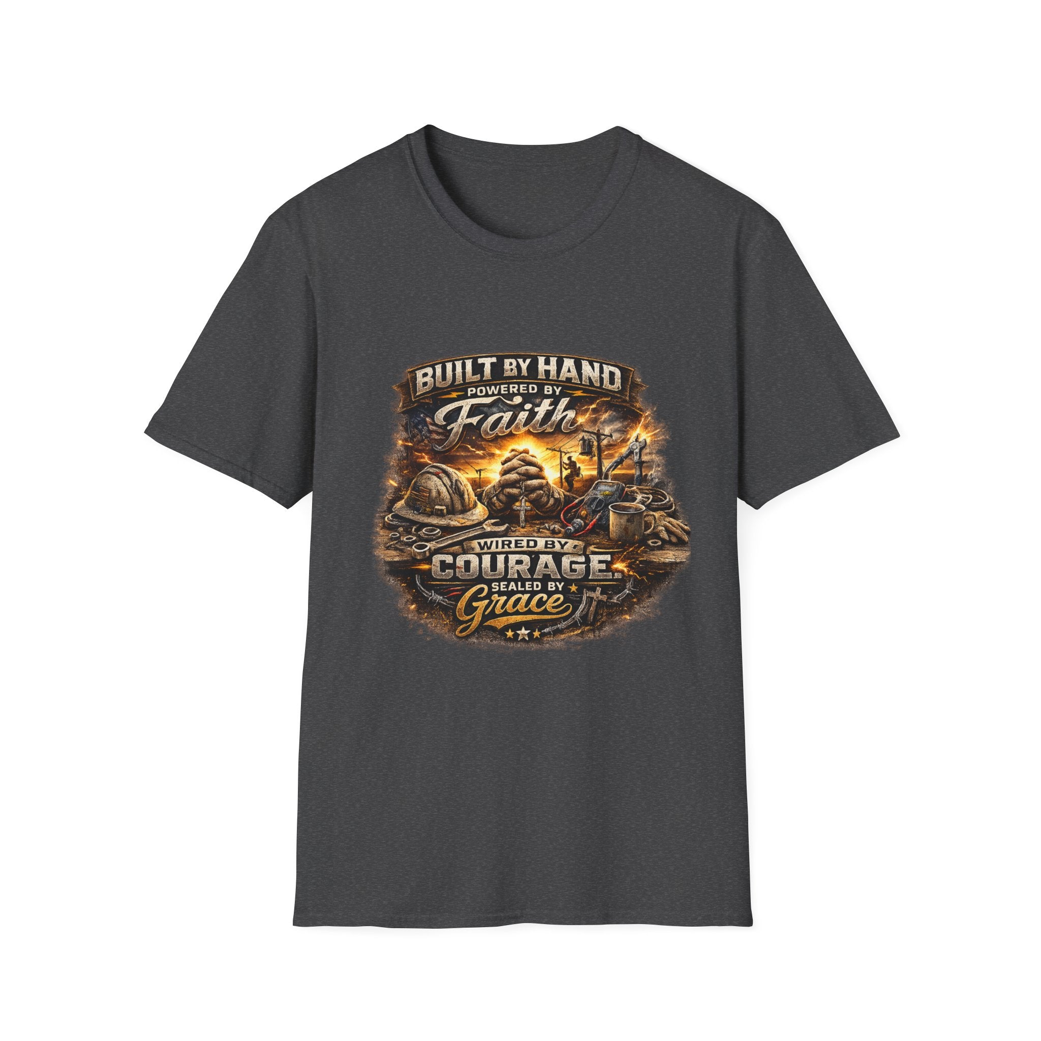 Built by Hand Mechanic T-Shirt – "Built by Hand, Powered by Faith, Home by Courage" Vintage Workshirt