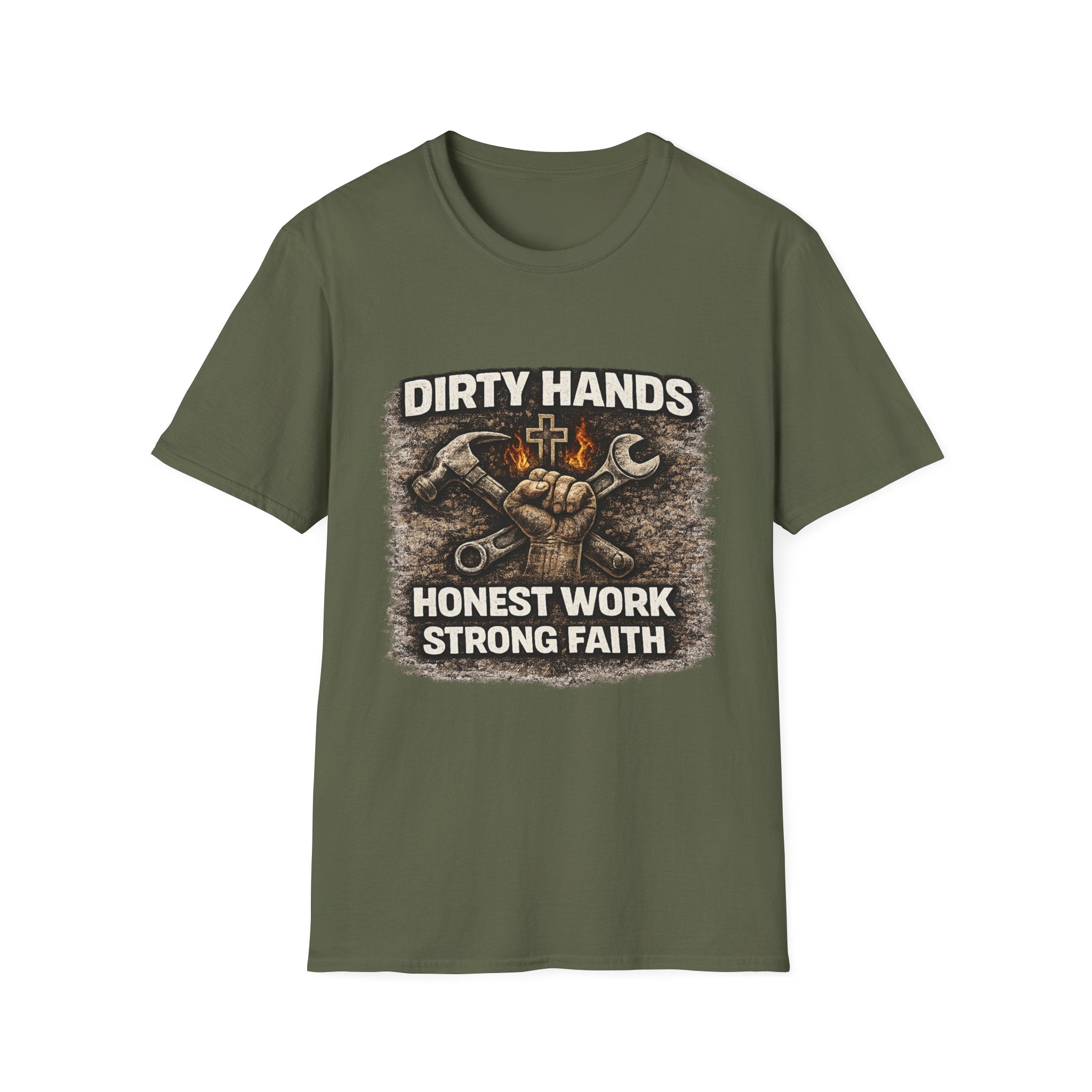 Dirty Hands T-Shirt — "Dirty Hands Honest Work Strong Faith" Mechanic Christian Tee