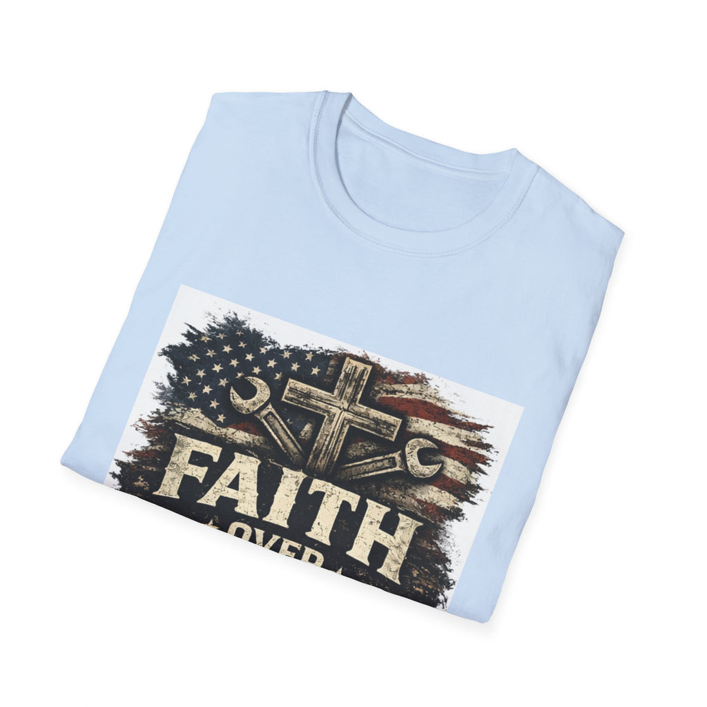 Faith Over Fear T-Shirt — Christian Cross & American Flag Graphic