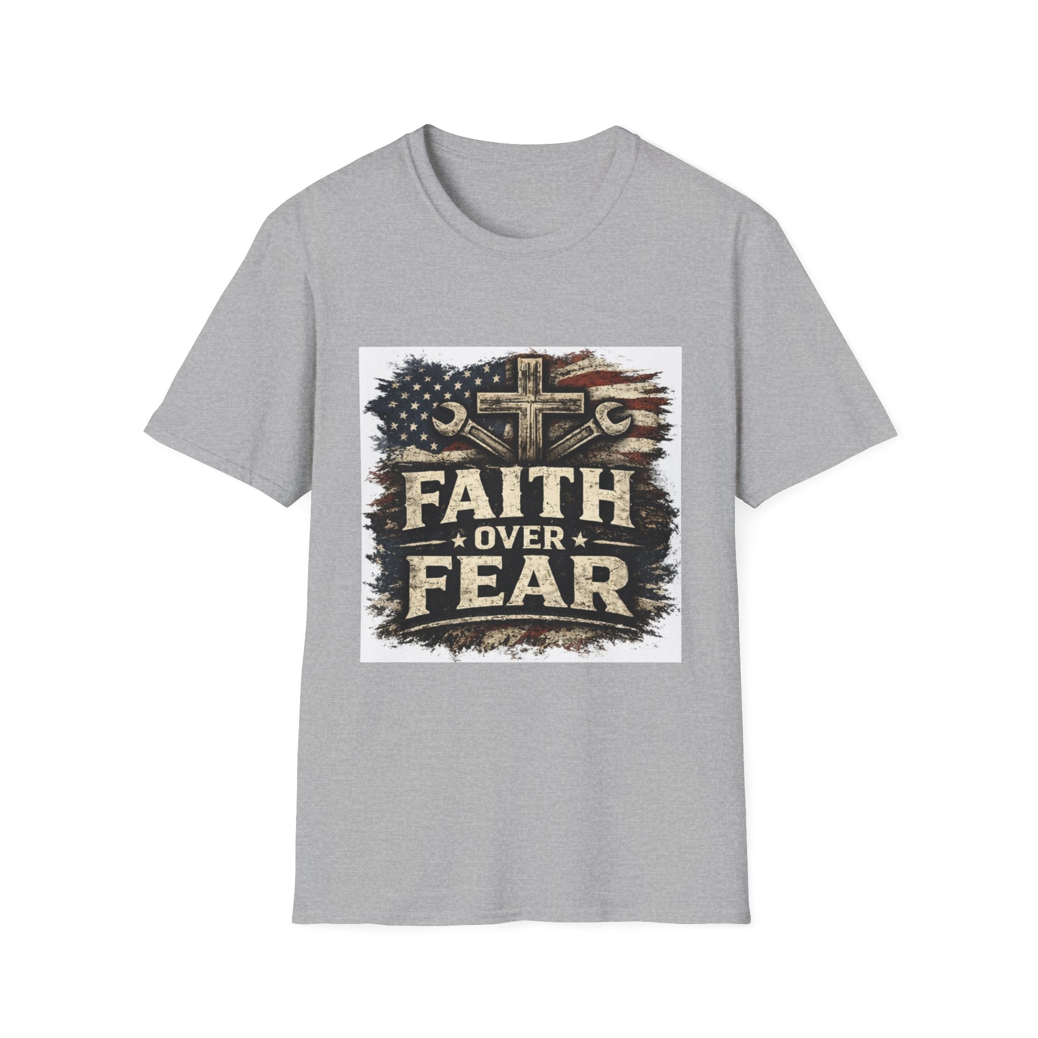 Faith Over Fear T-Shirt — Christian Cross & American Flag Graphic