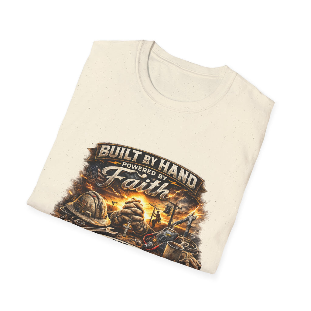 Built by Hand Mechanic T-Shirt – "Built by Hand, Powered by Faith, Home by Courage" Vintage Workshirt