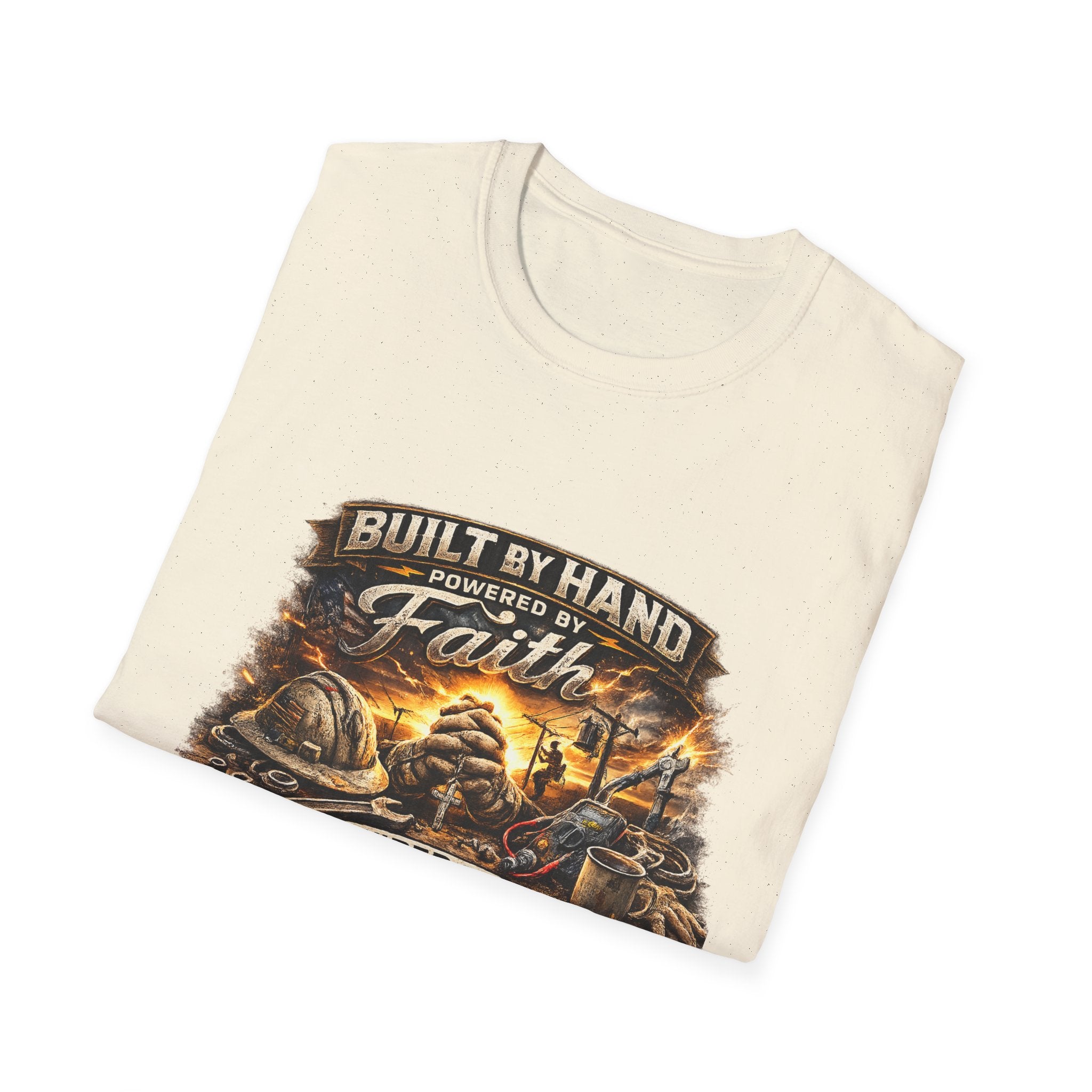 Built by Hand Mechanic T-Shirt – "Built by Hand, Powered by Faith, Home by Courage" Vintage Workshirt