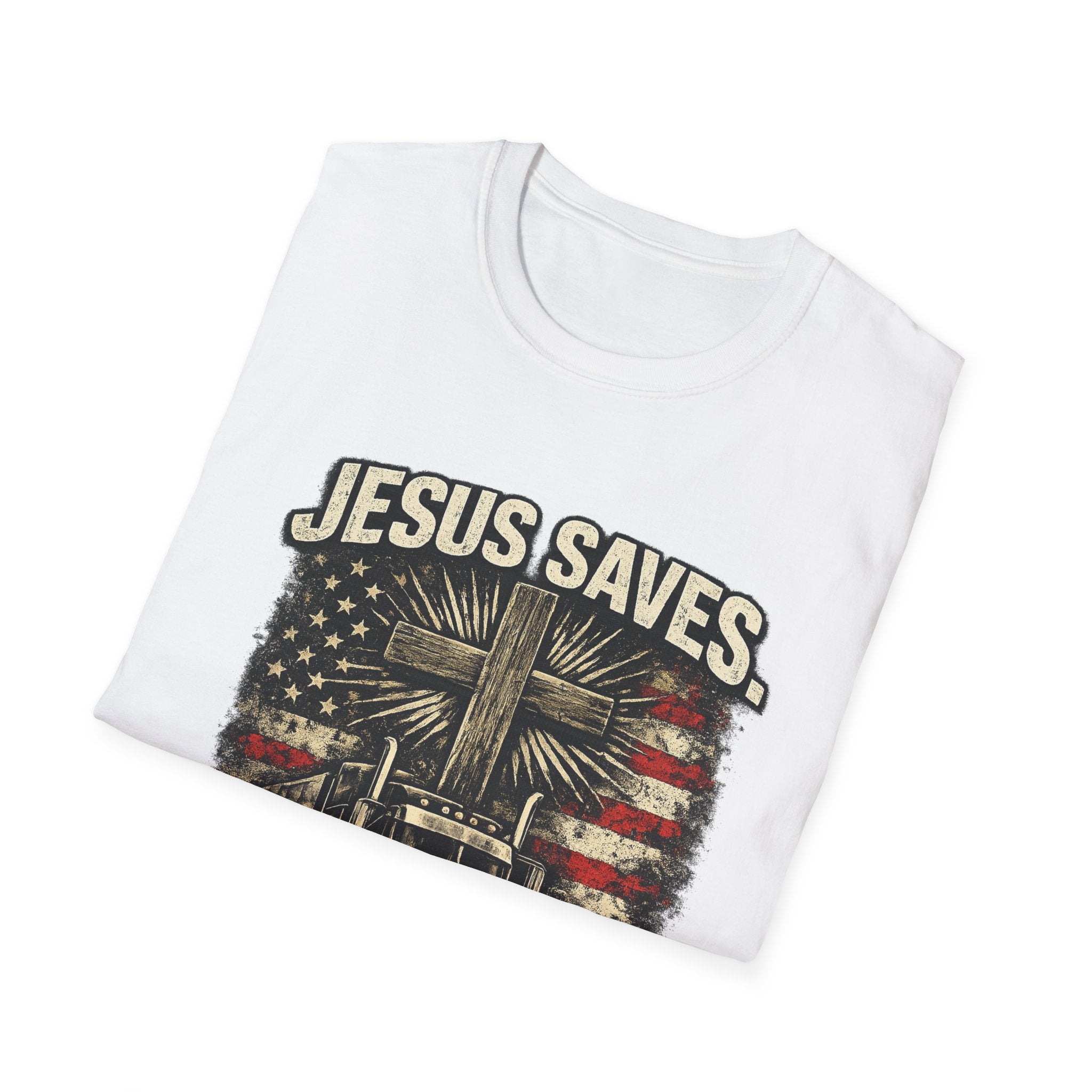 Jesus Saves Trucks Haul T-Shirt — Christian Trucker American Flag Tee
