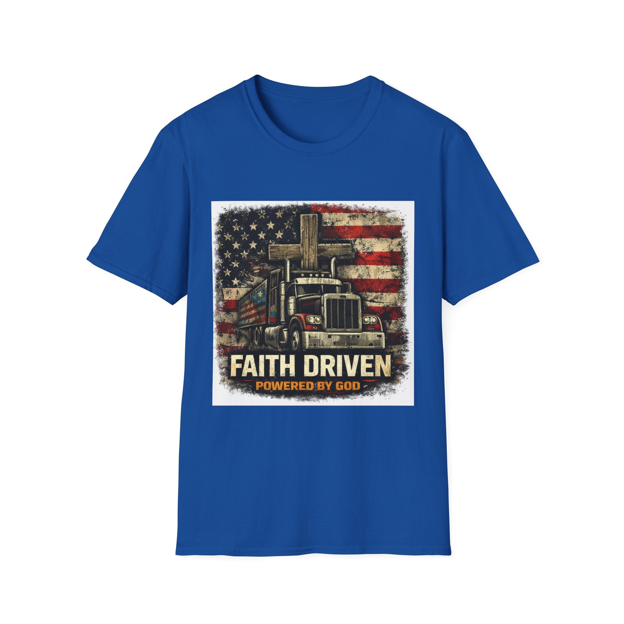 Faith Driven Trucker T-Shirt — "Powered by God" American Flag Design
