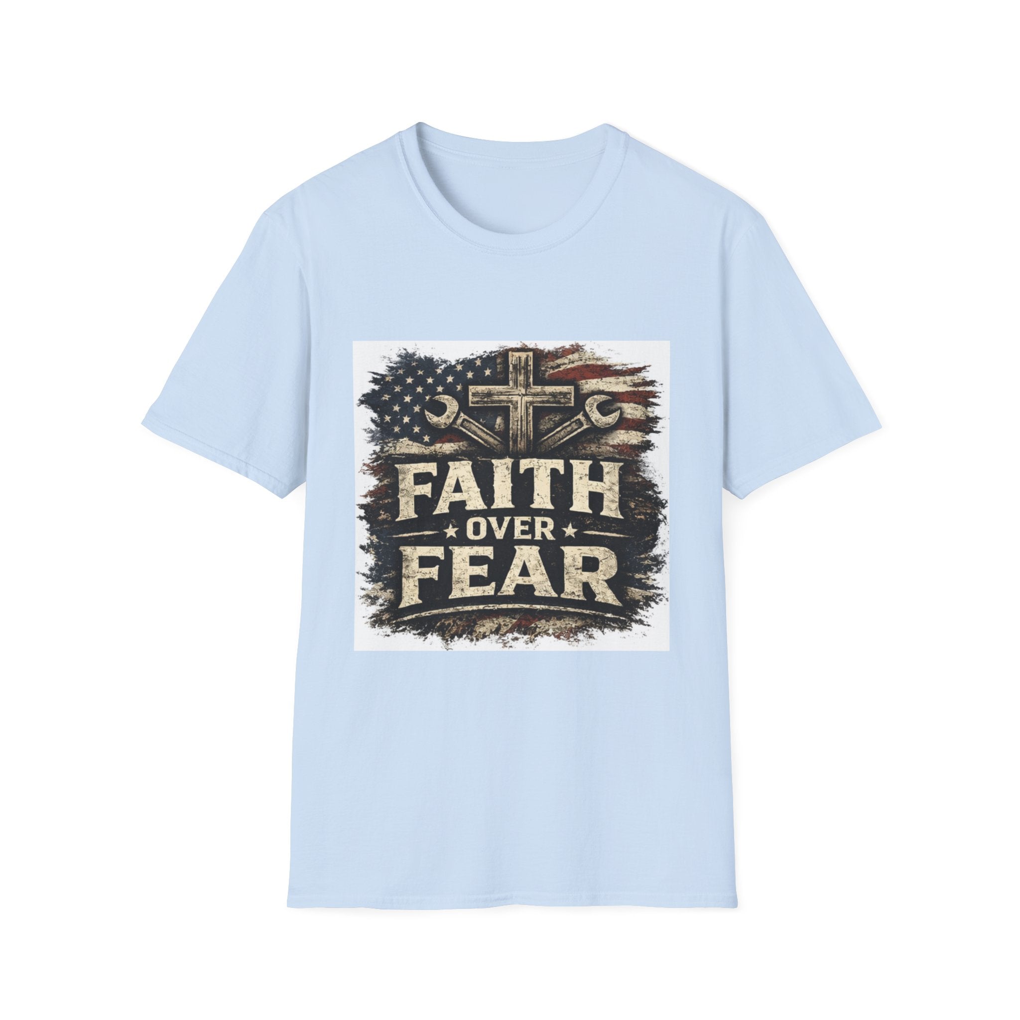 Faith Over Fear T-Shirt — Christian Cross & American Flag Graphic