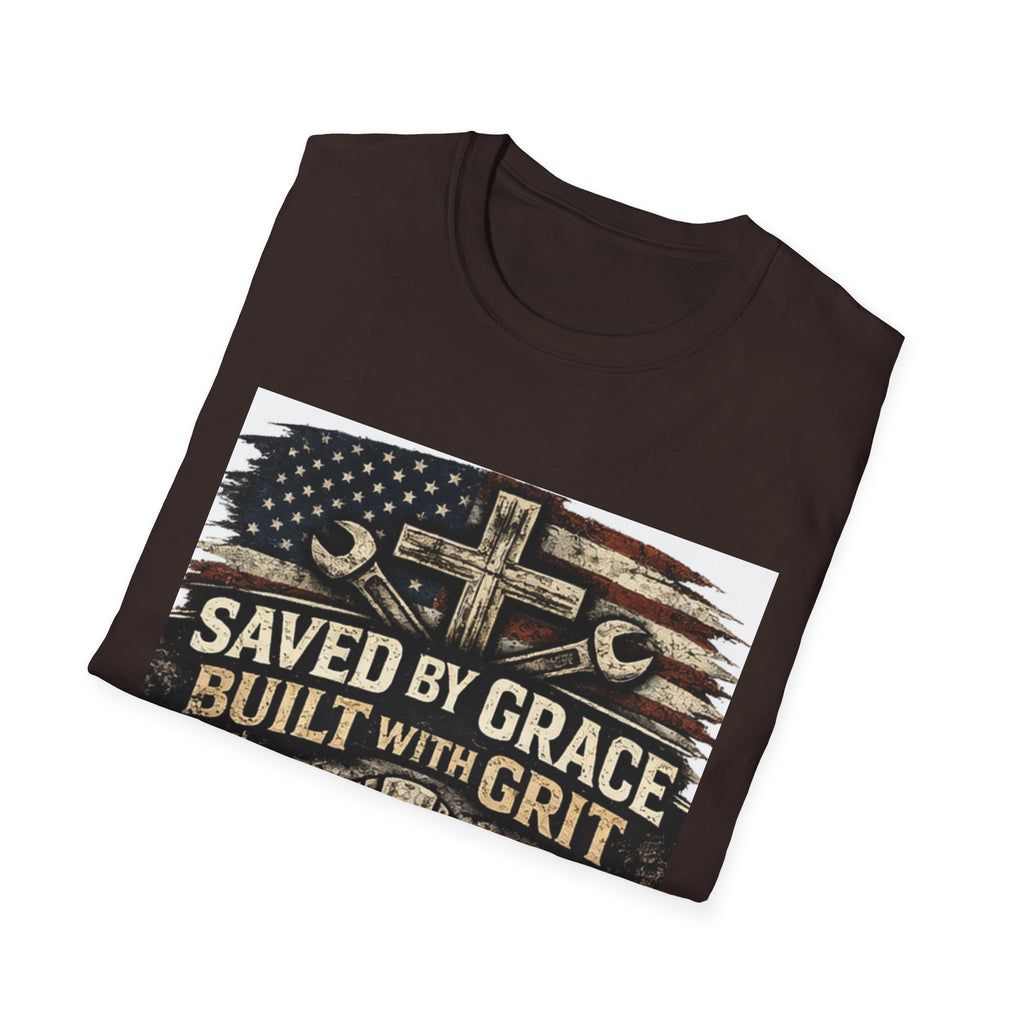 Saved by Grace Built with Grit T-Shirt — Christian Construction Worker Tee