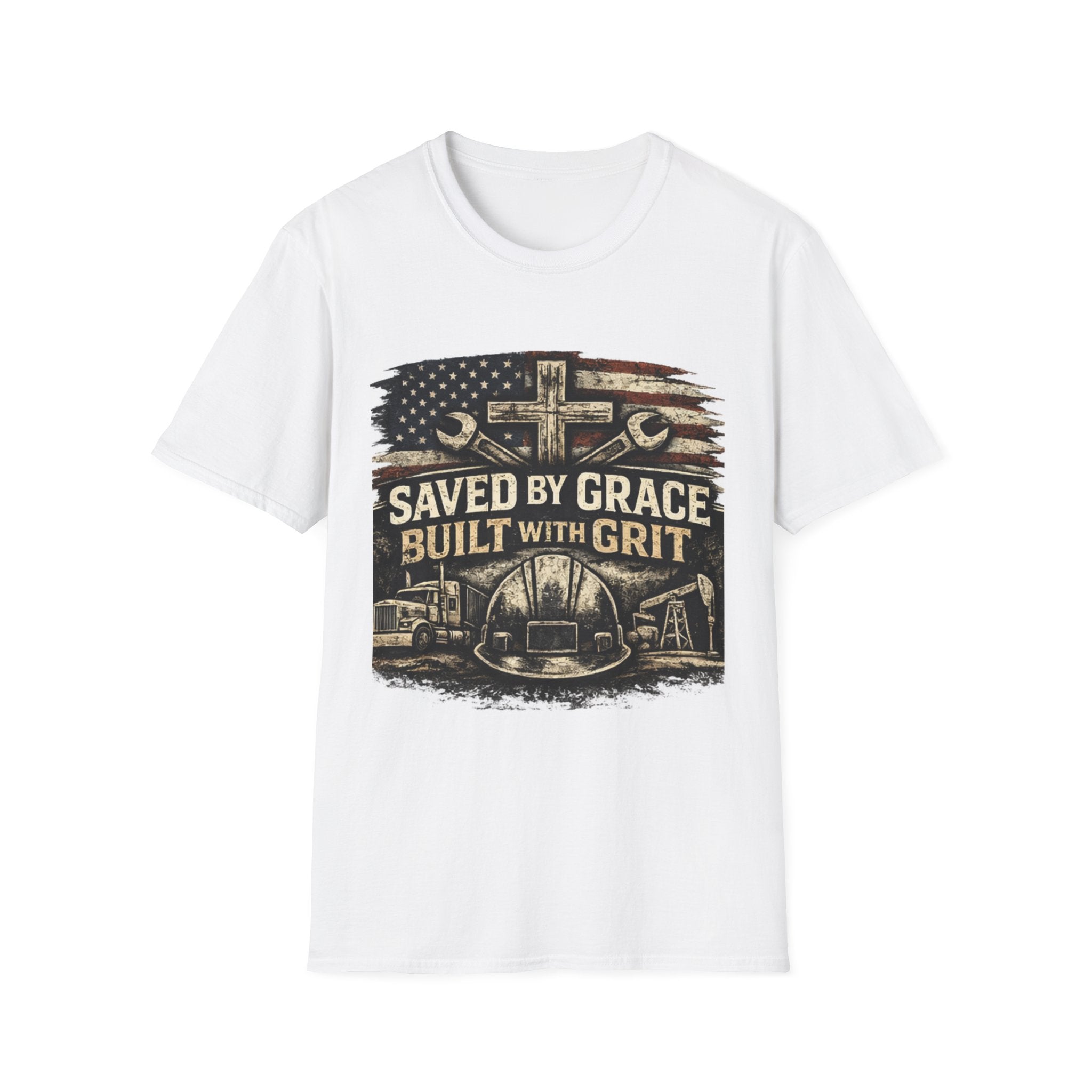 Saved by Grace Built with Grit T-Shirt — Christian Construction Worker Tee