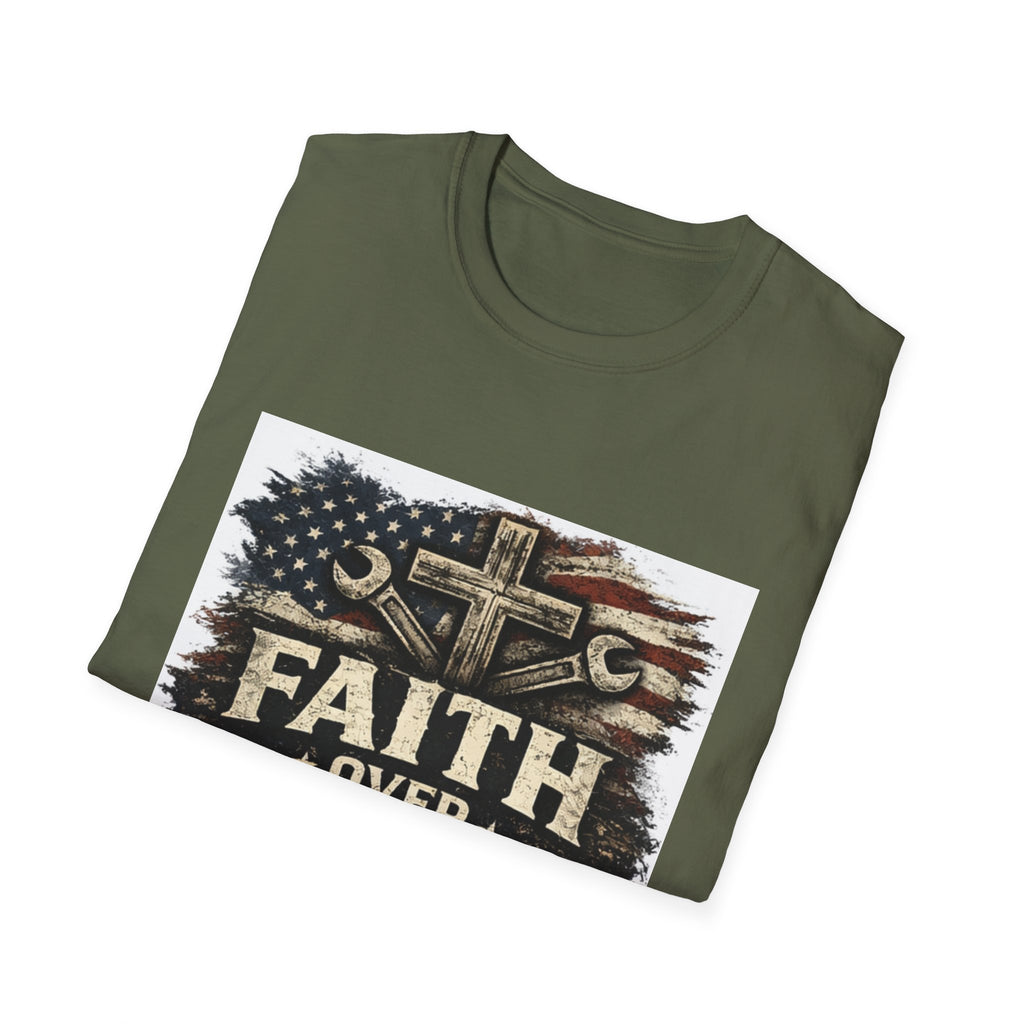 Faith Over Fear T-Shirt — Christian Cross & American Flag Graphic