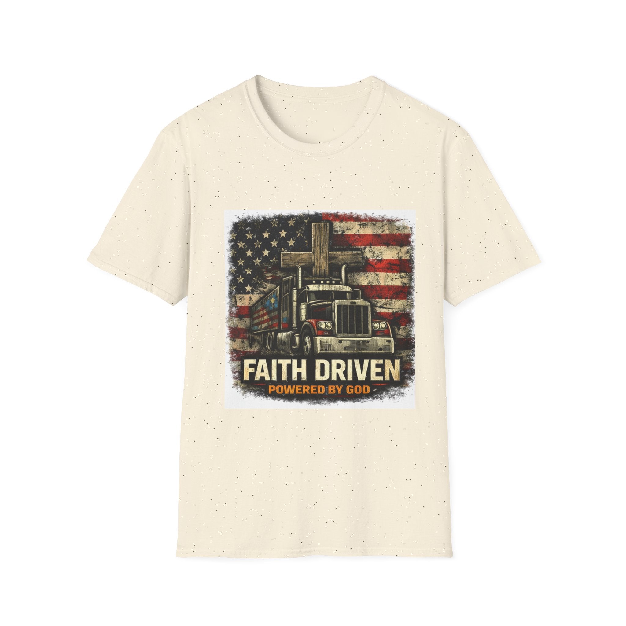 Faith Driven Trucker T-Shirt — American Flag Cross Design