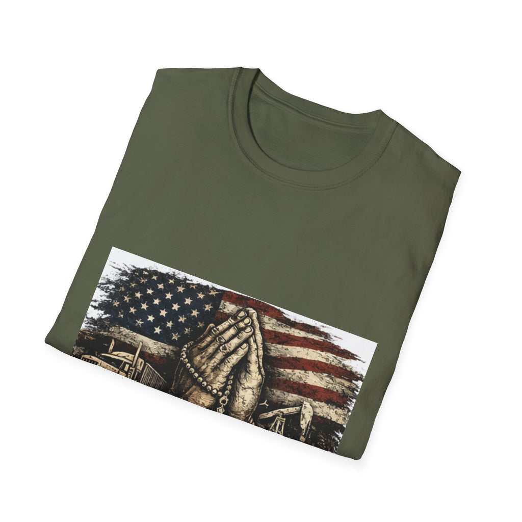 Patriotic Praying Hands T-Shirt — American Flag Faith Tee for Veterans & Church