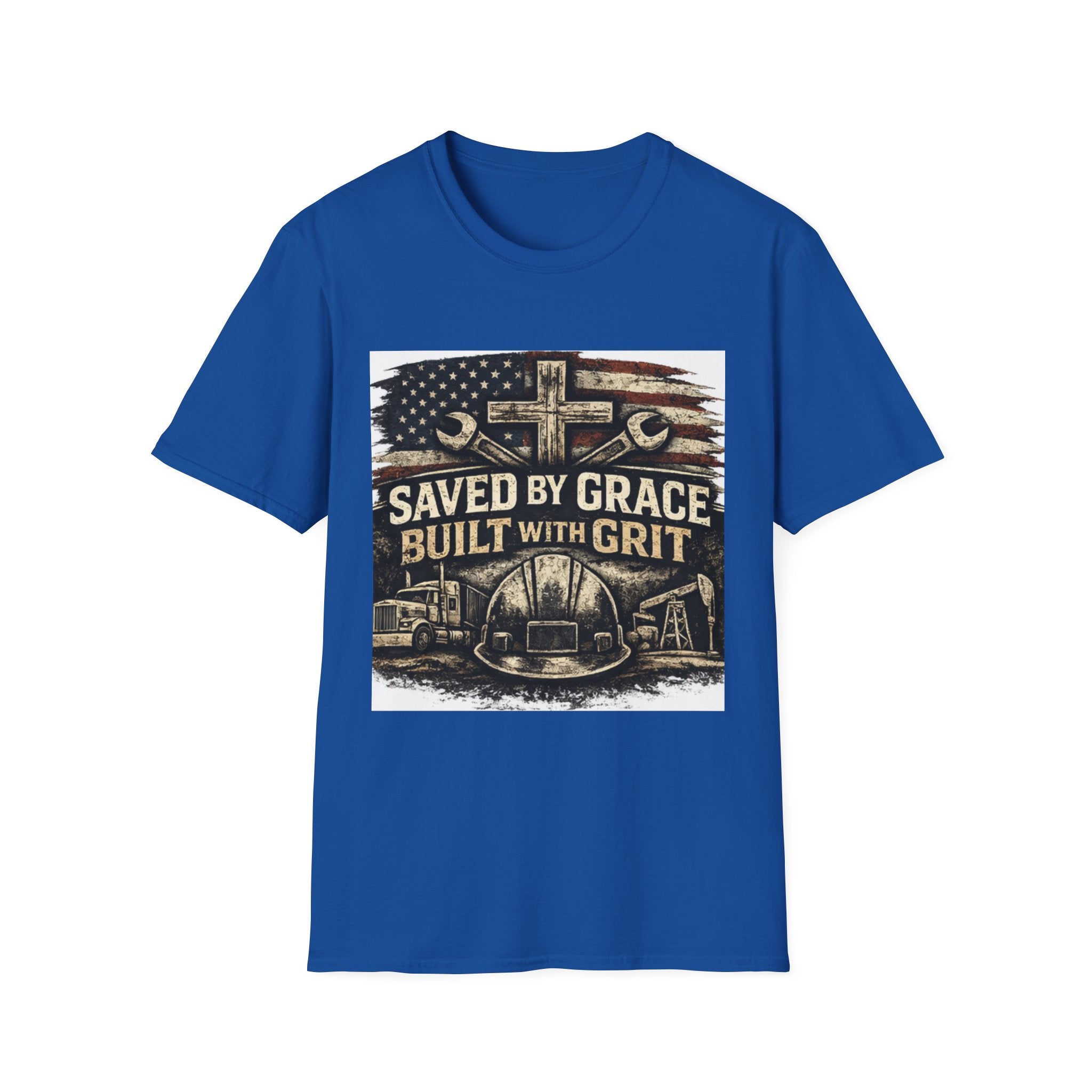 Saved by Grace Built with Grit T-Shirt — Christian Construction Worker Tee