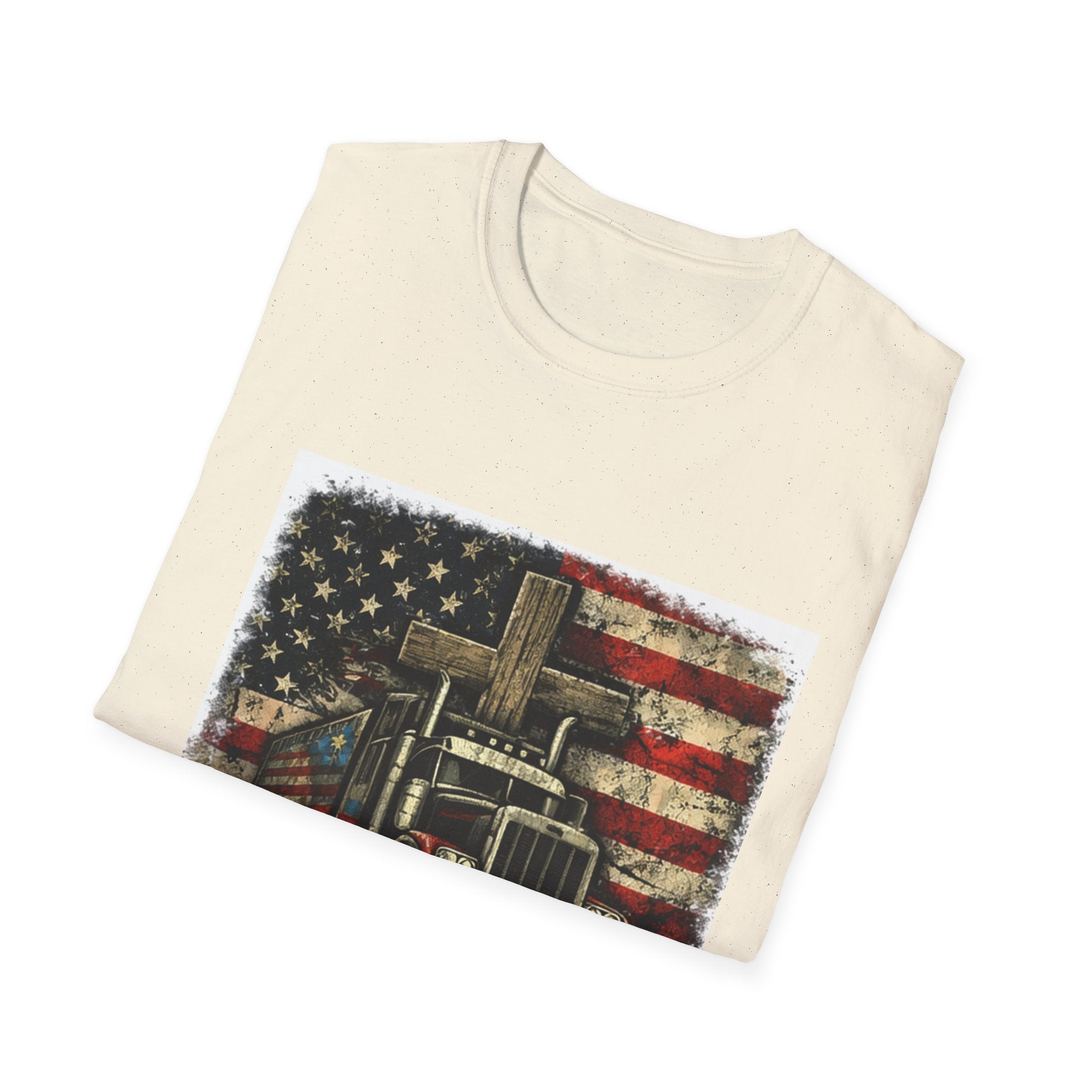 Faith Driven Trucker T-Shirt — American Flag Cross Design