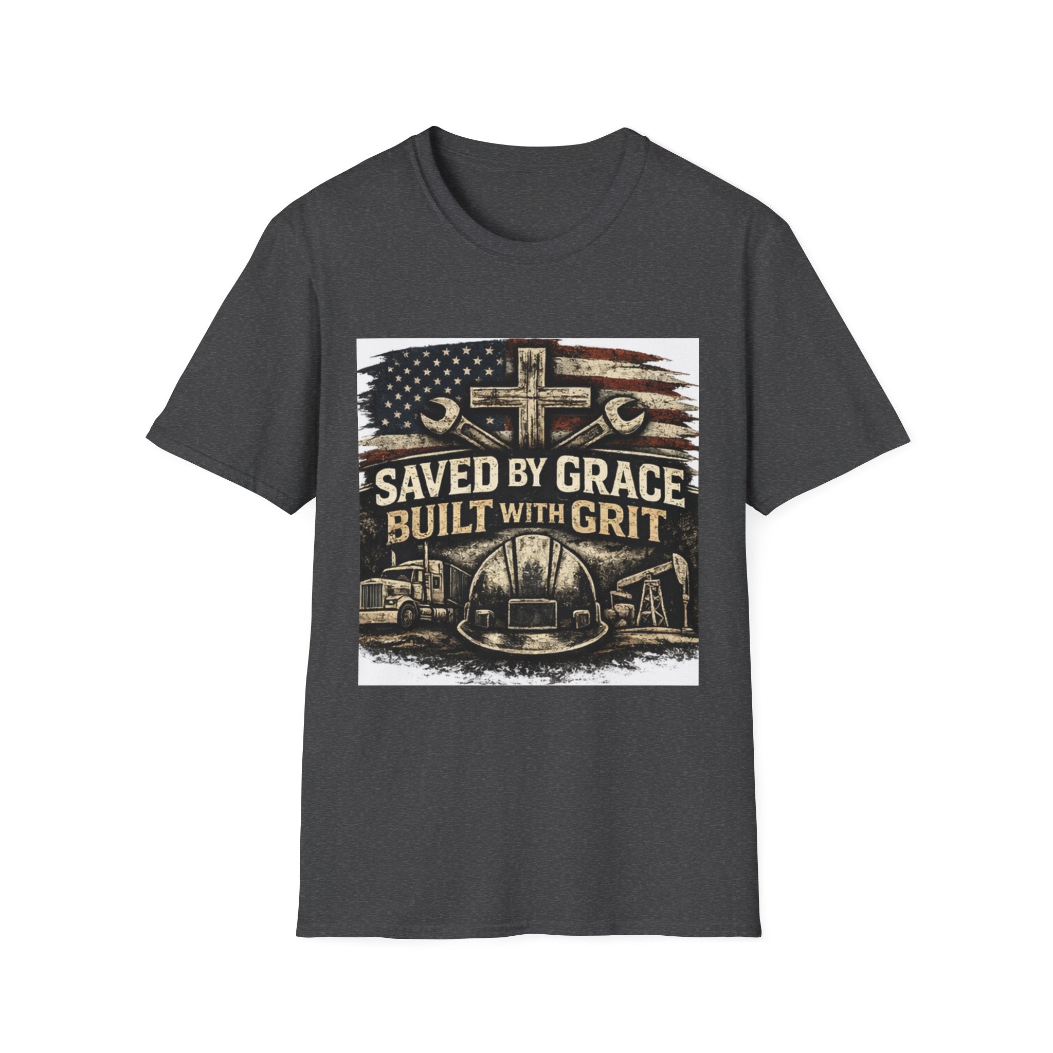 Saved by Grace Built with Grit T-Shirt — Christian Construction Worker Tee