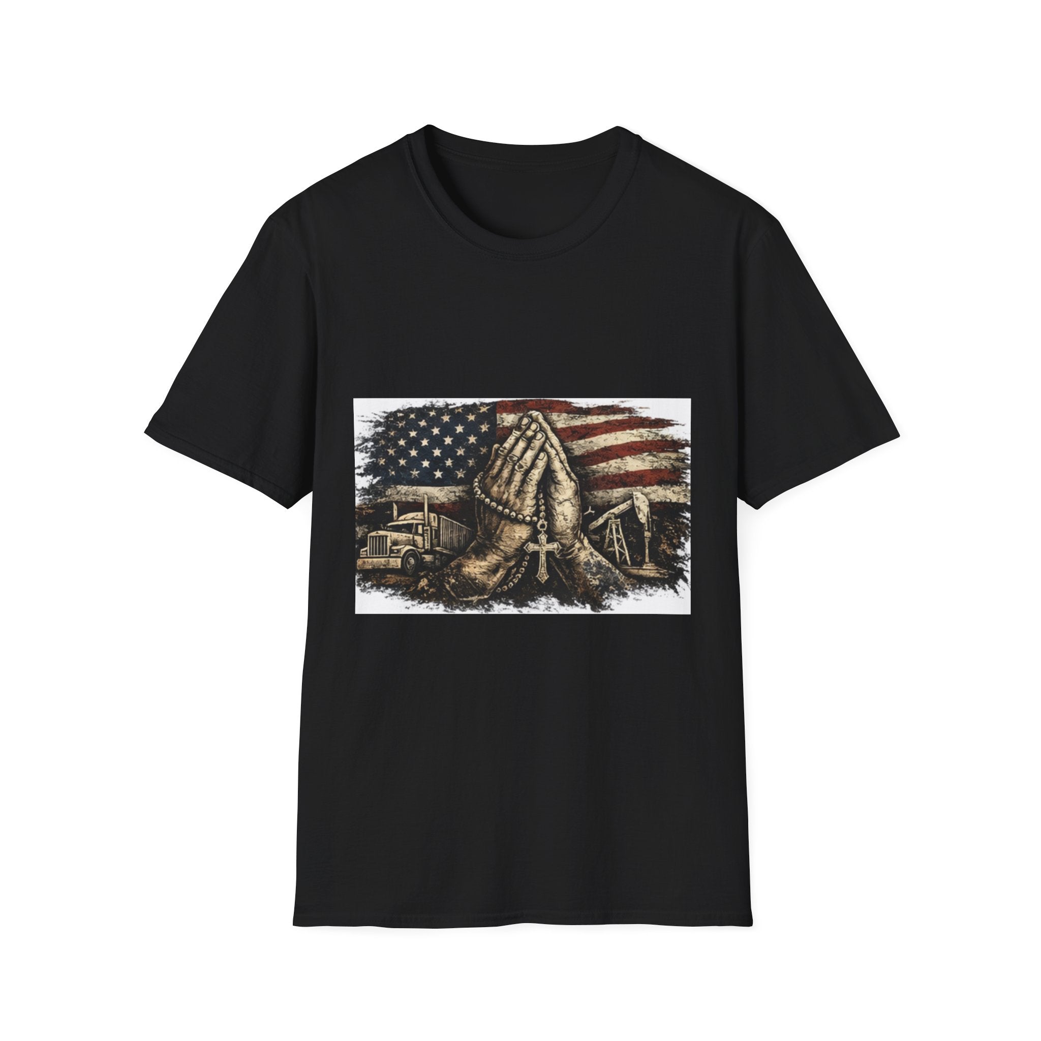 Patriotic Praying Hands T-Shirt — American Flag Faith Tee for Veterans & Church