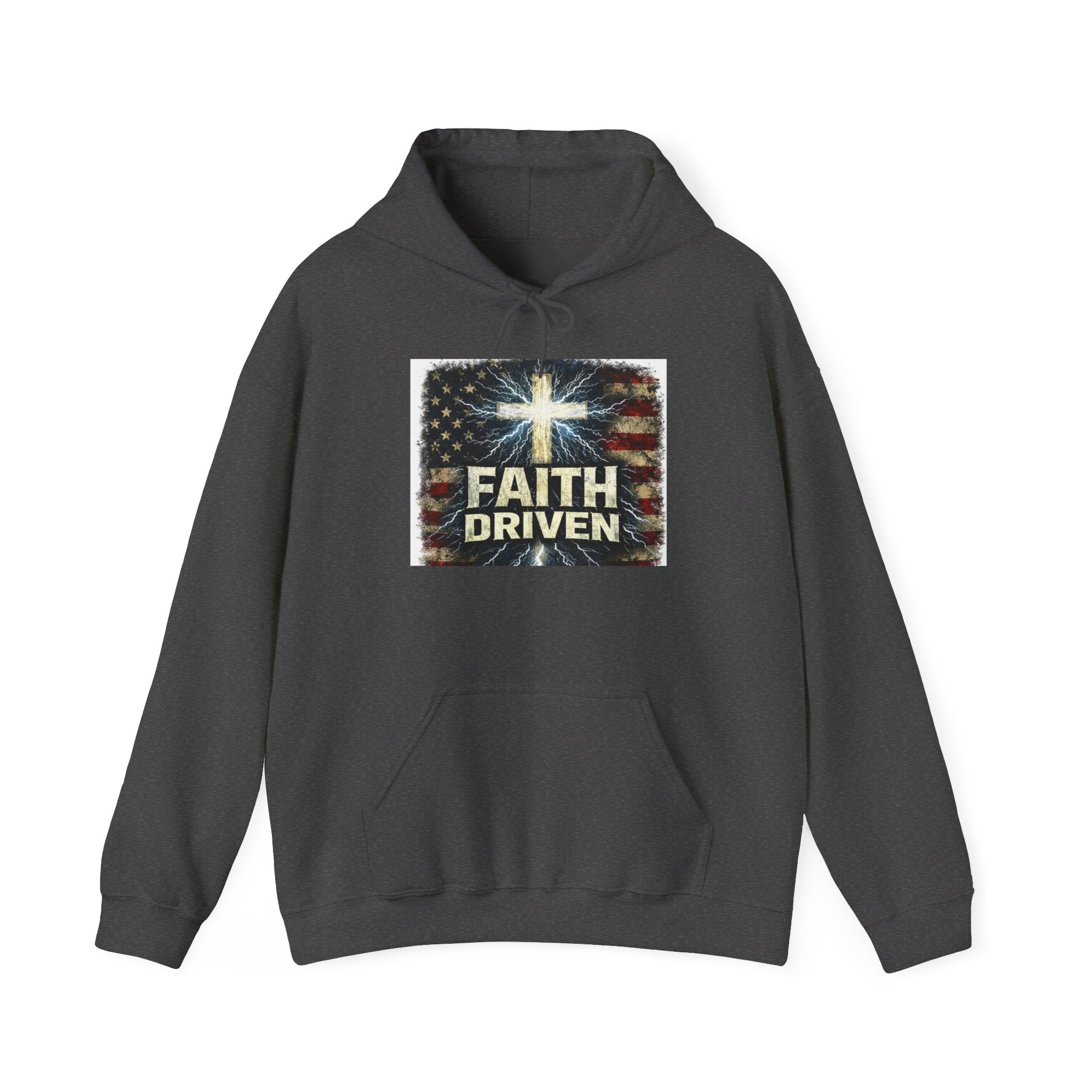 Faith Driven Hoodie — Christian Cross & American Flag Pullover