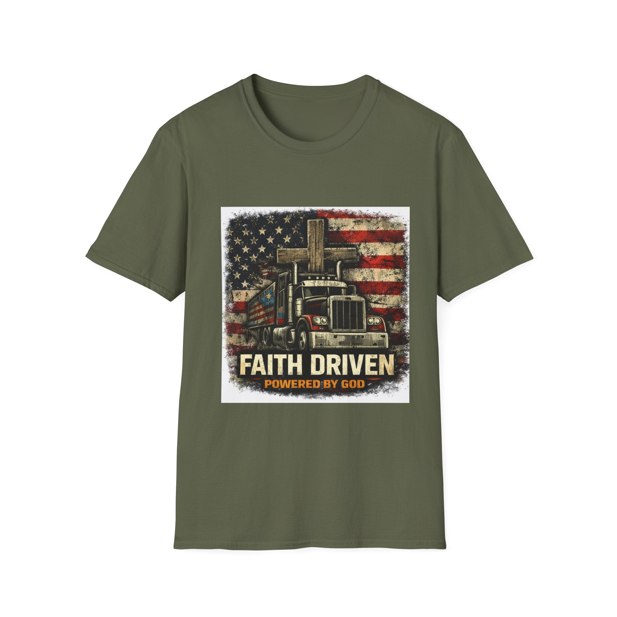 Faith Driven Trucker T-Shirt — American Flag Cross Design