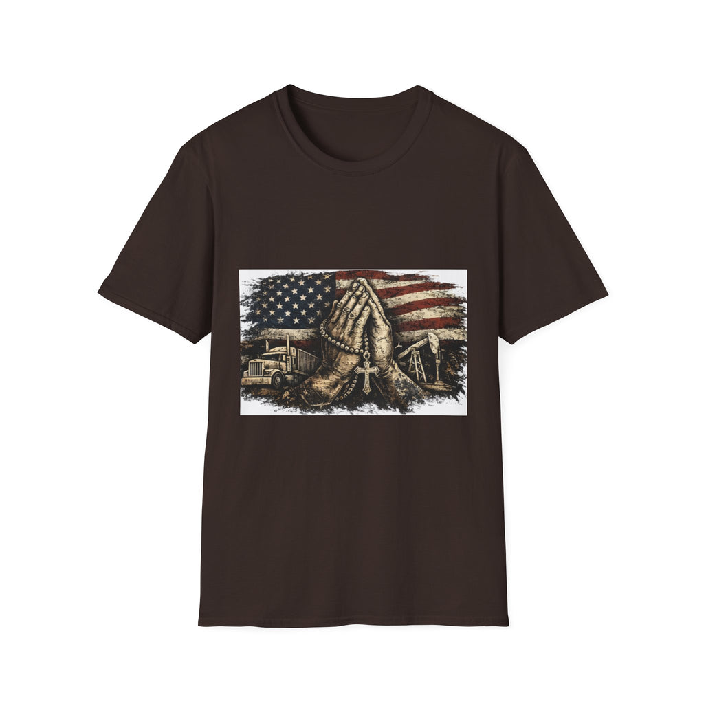 Patriotic Praying Hands T-Shirt — American Flag Faith Tee for Veterans & Church