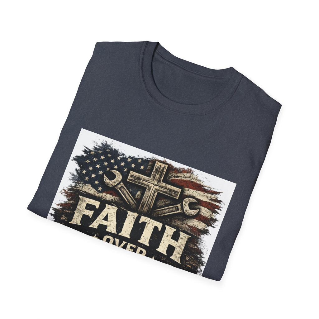 Faith Over Fear T-Shirt — Christian Cross & American Flag Graphic