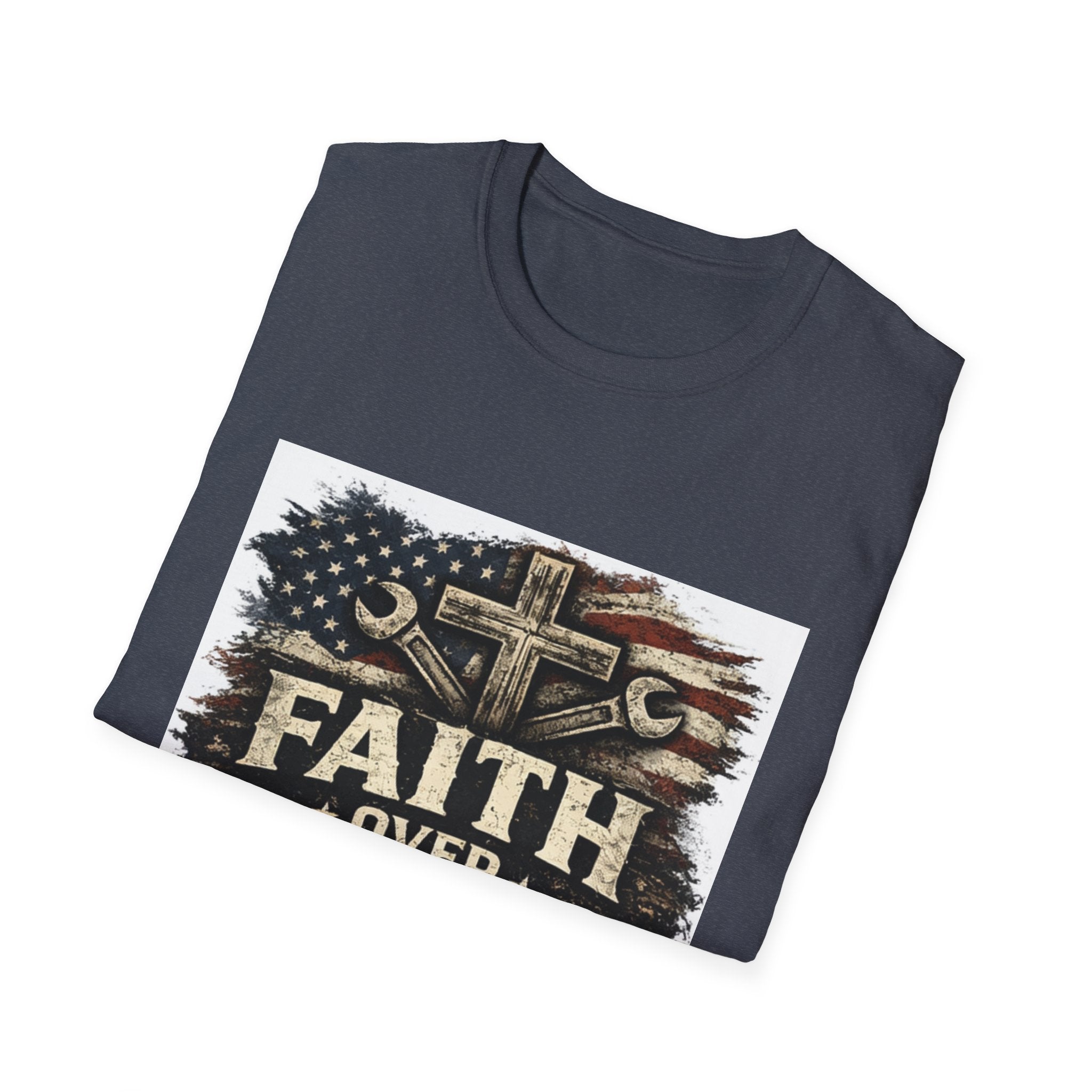 Faith Over Fear T-Shirt — Christian Cross & American Flag Graphic