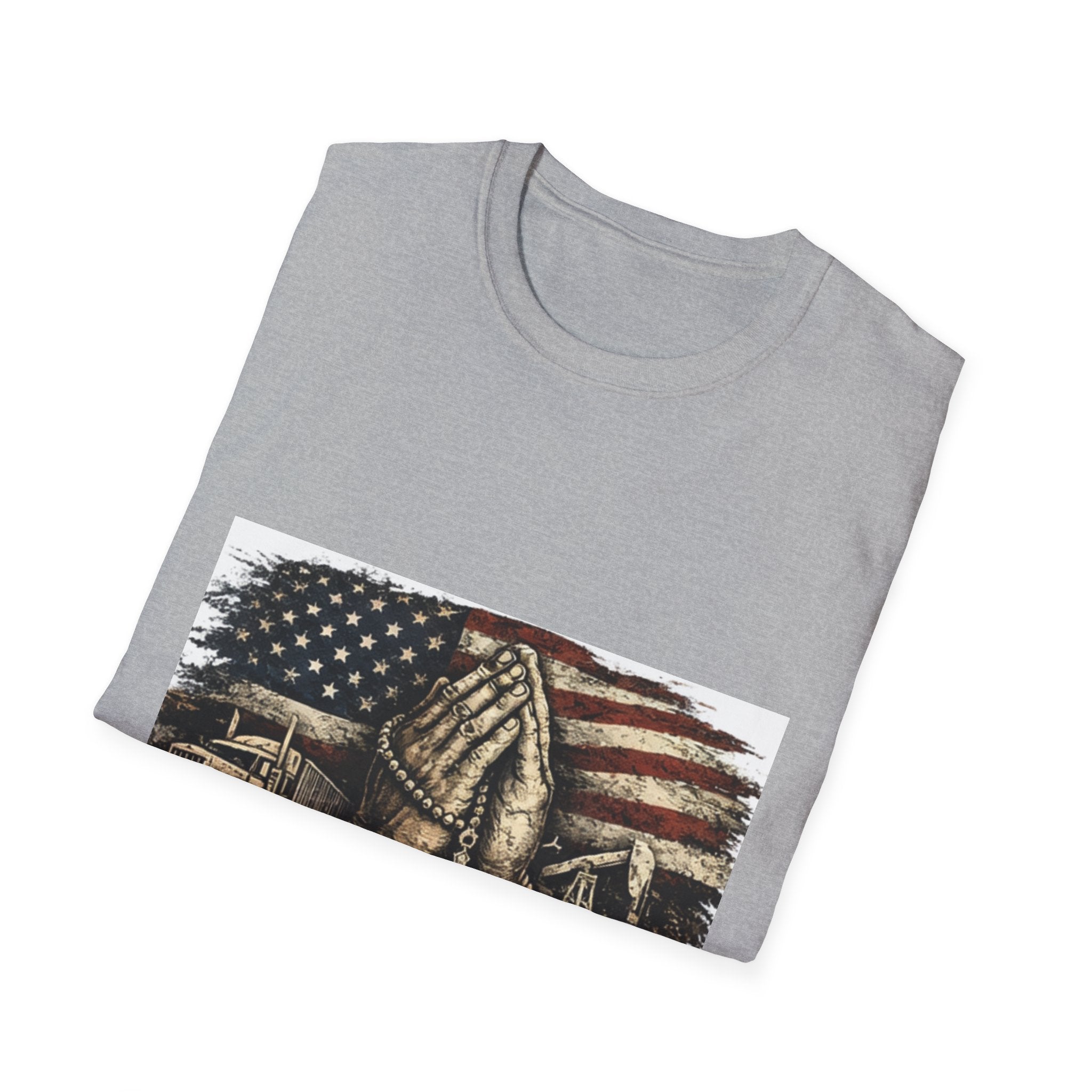 Patriotic Praying Hands T-Shirt — American Flag Faith Tee for Veterans & Church