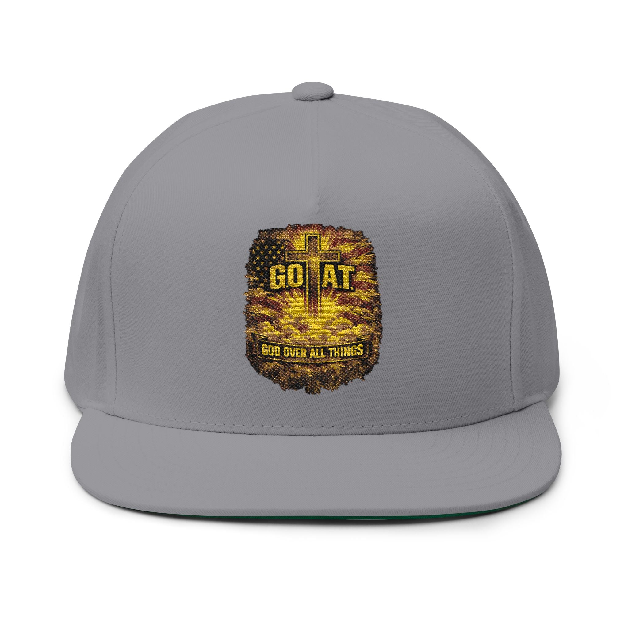 GOAT Embroidered Flat Bill Cap — Vintage Gold Trophy Patch Snapback