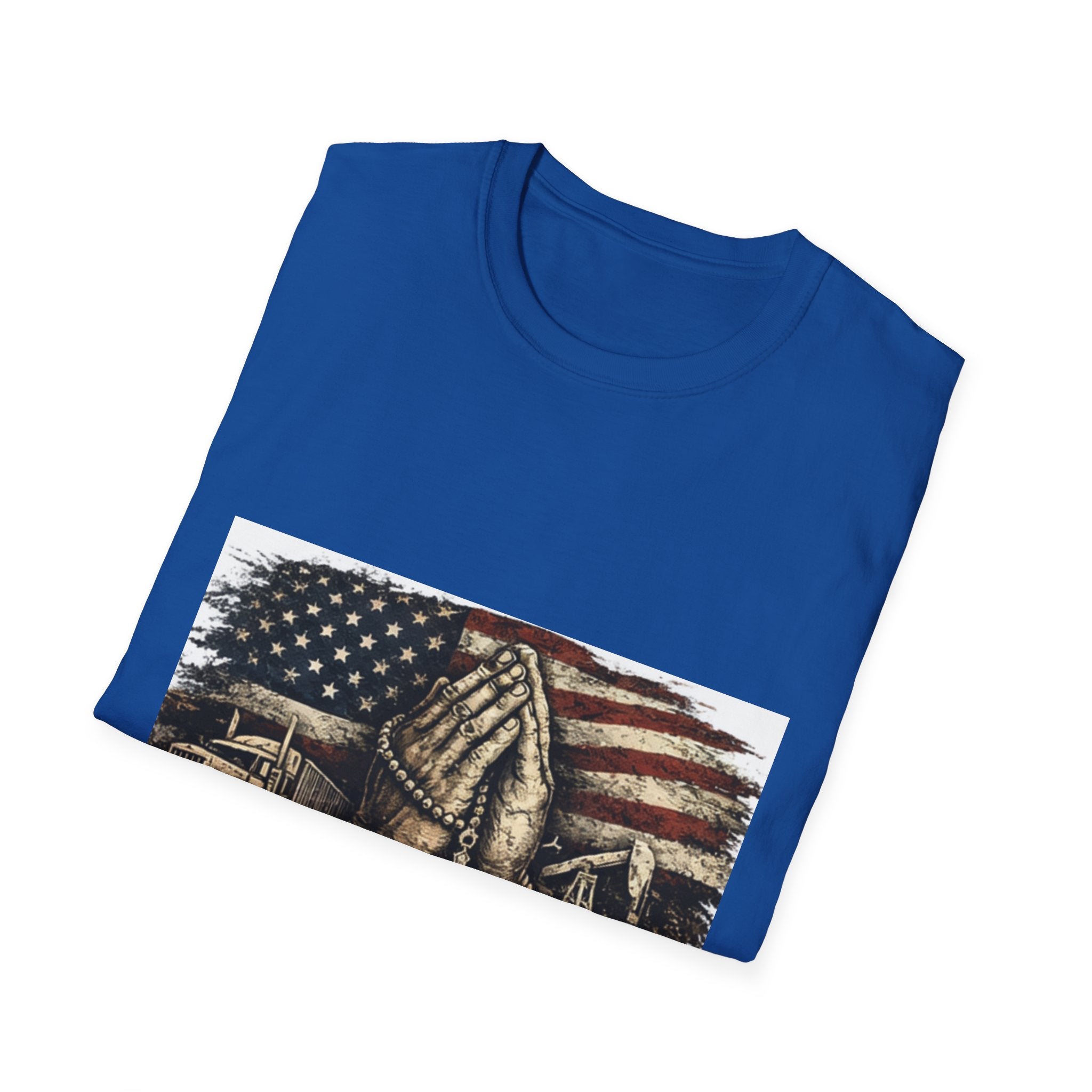 Patriotic Praying Hands T-Shirt — American Flag Faith Tee for Veterans & Church