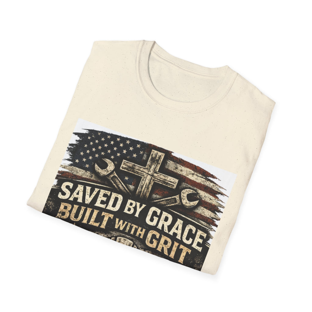 Saved by Grace Built with Grit T-Shirt — Christian Construction Worker Tee