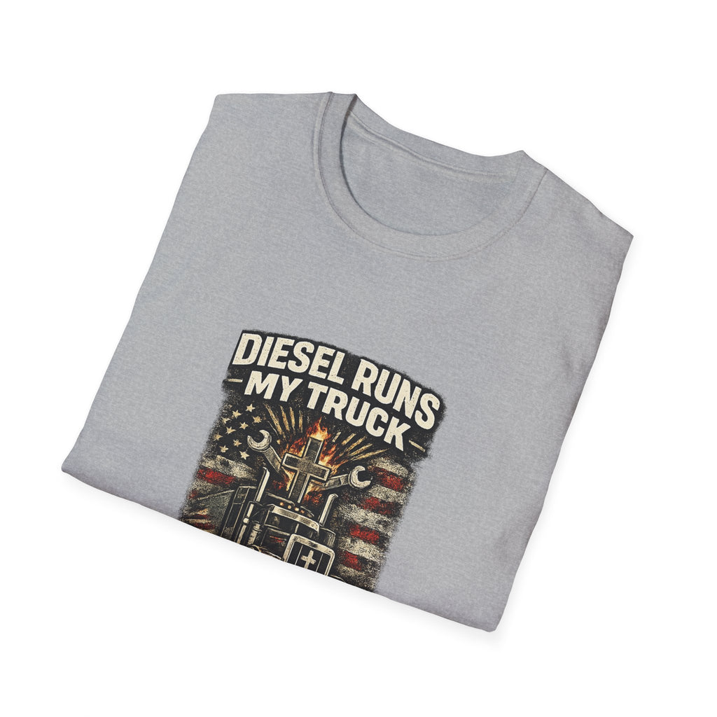 Christian Trucker T-Shirt — "Diesel Runs My Truck, Jesus Runs My Life" Vintage Design