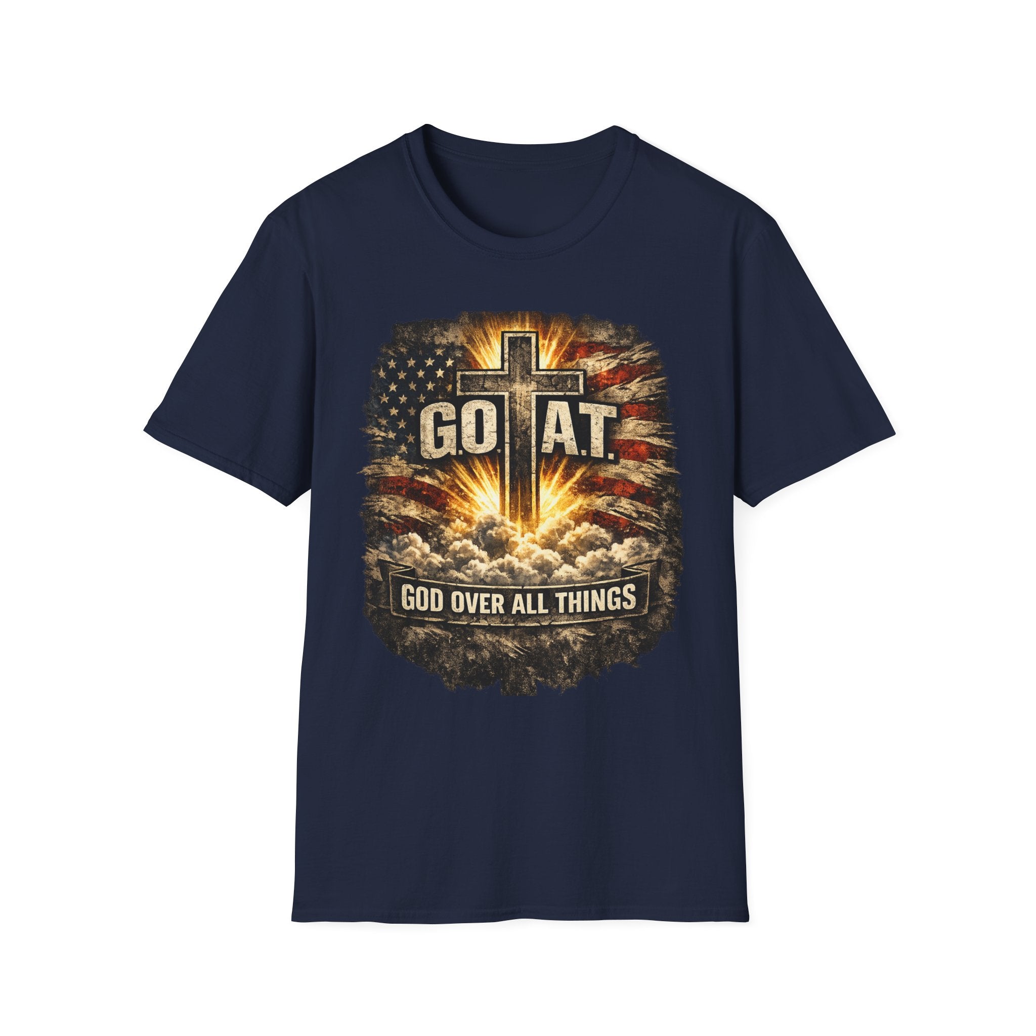 Christian T-Shirt — GOAT (God Over All Things) Cross Graphic