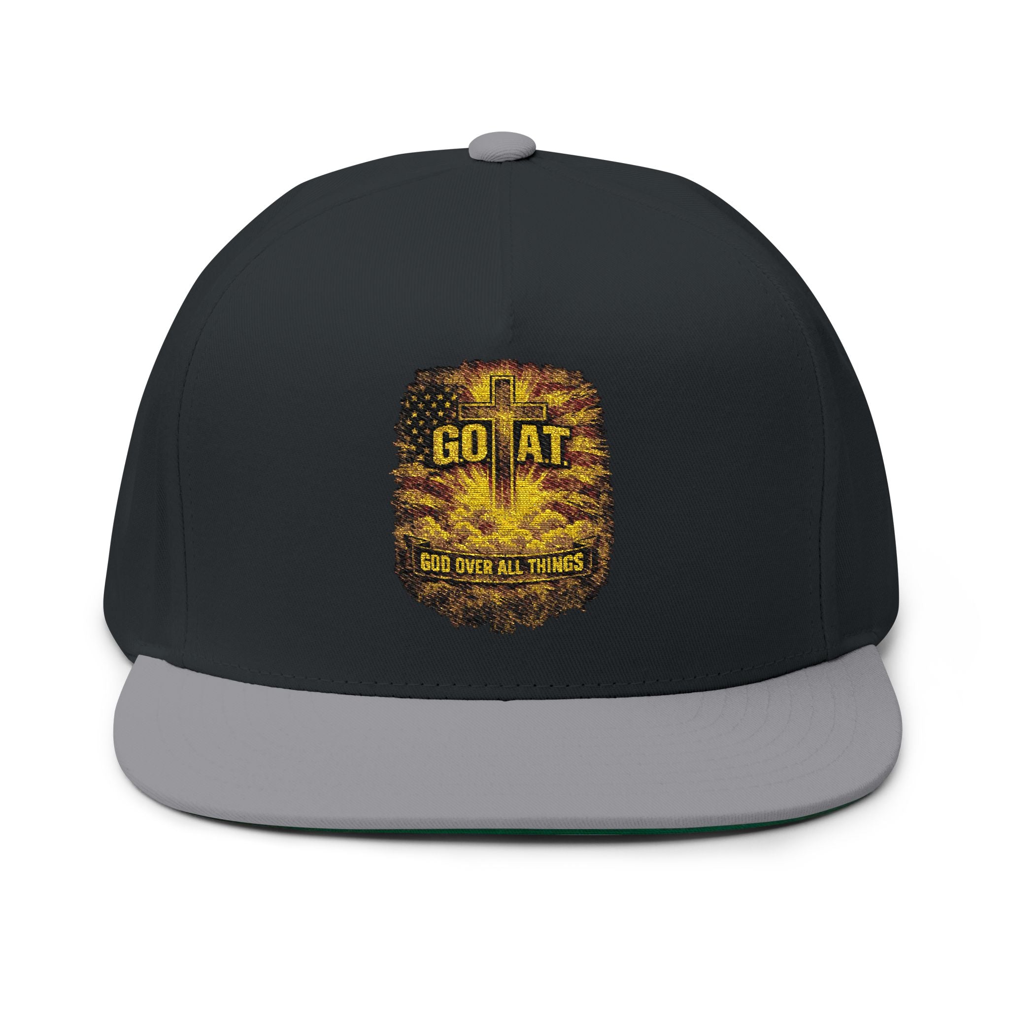 GOAT Embroidered Flat Bill Cap — Vintage Gold Trophy Patch Snapback